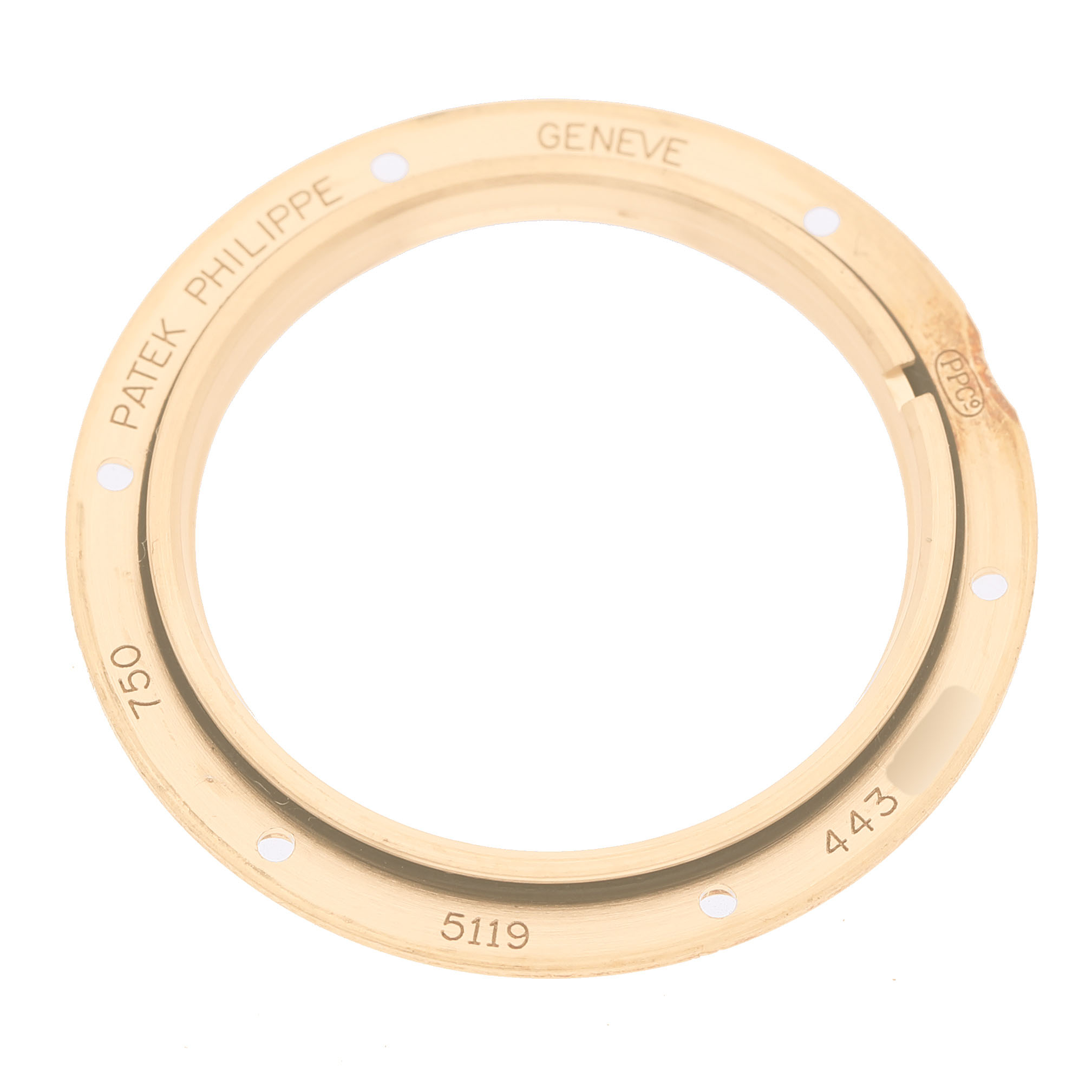 The image shows a gold bezel for a Patek Philippe Calatrava 5119J-001 Men's Yellow Gold White Dial watch, viewed from the front.