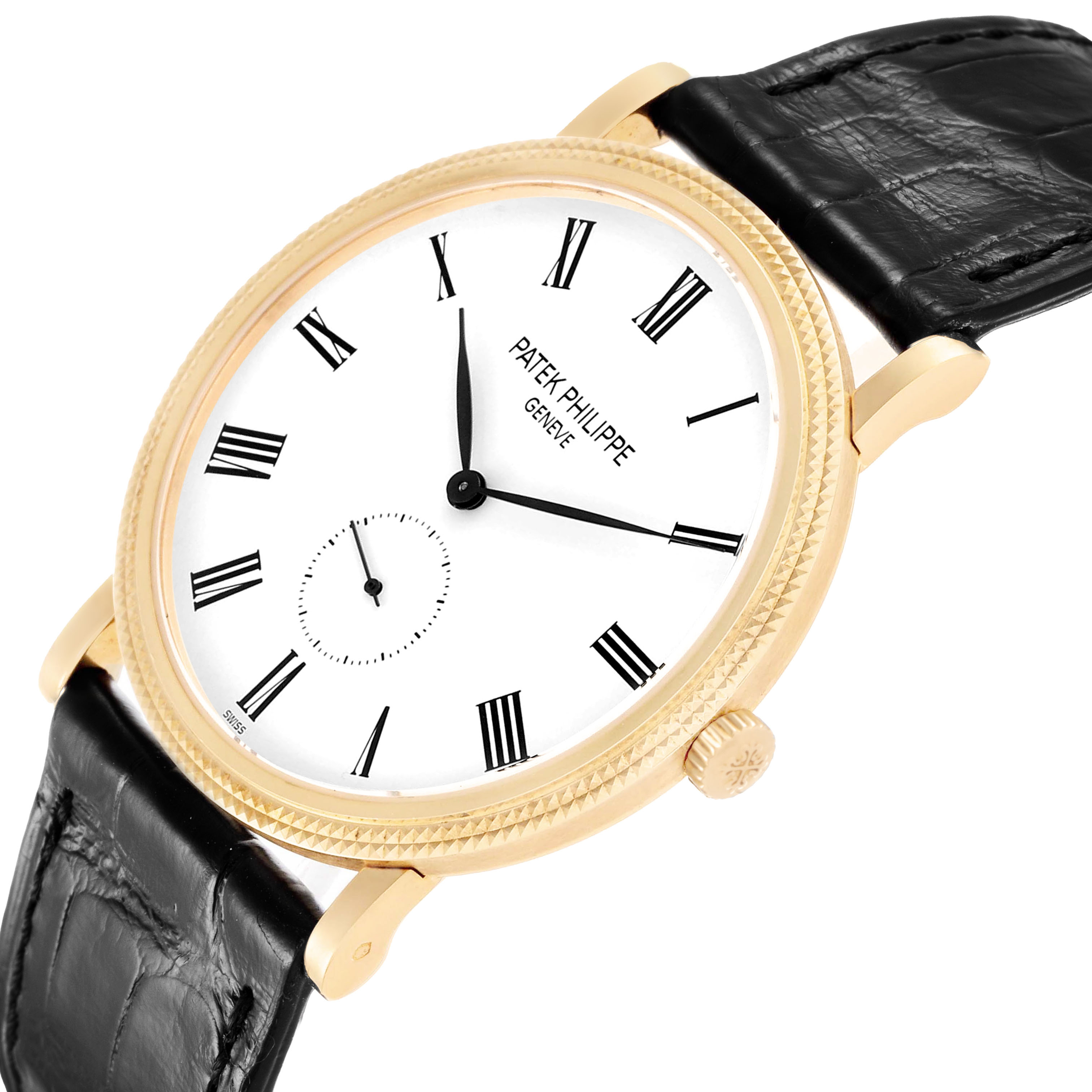 The Patek Philippe Calatrava 5119J-001 Men's Yellow Gold White Dial watch is shown at a slight angle, highlighting the dial, Roman numerals, and black leather strap.
