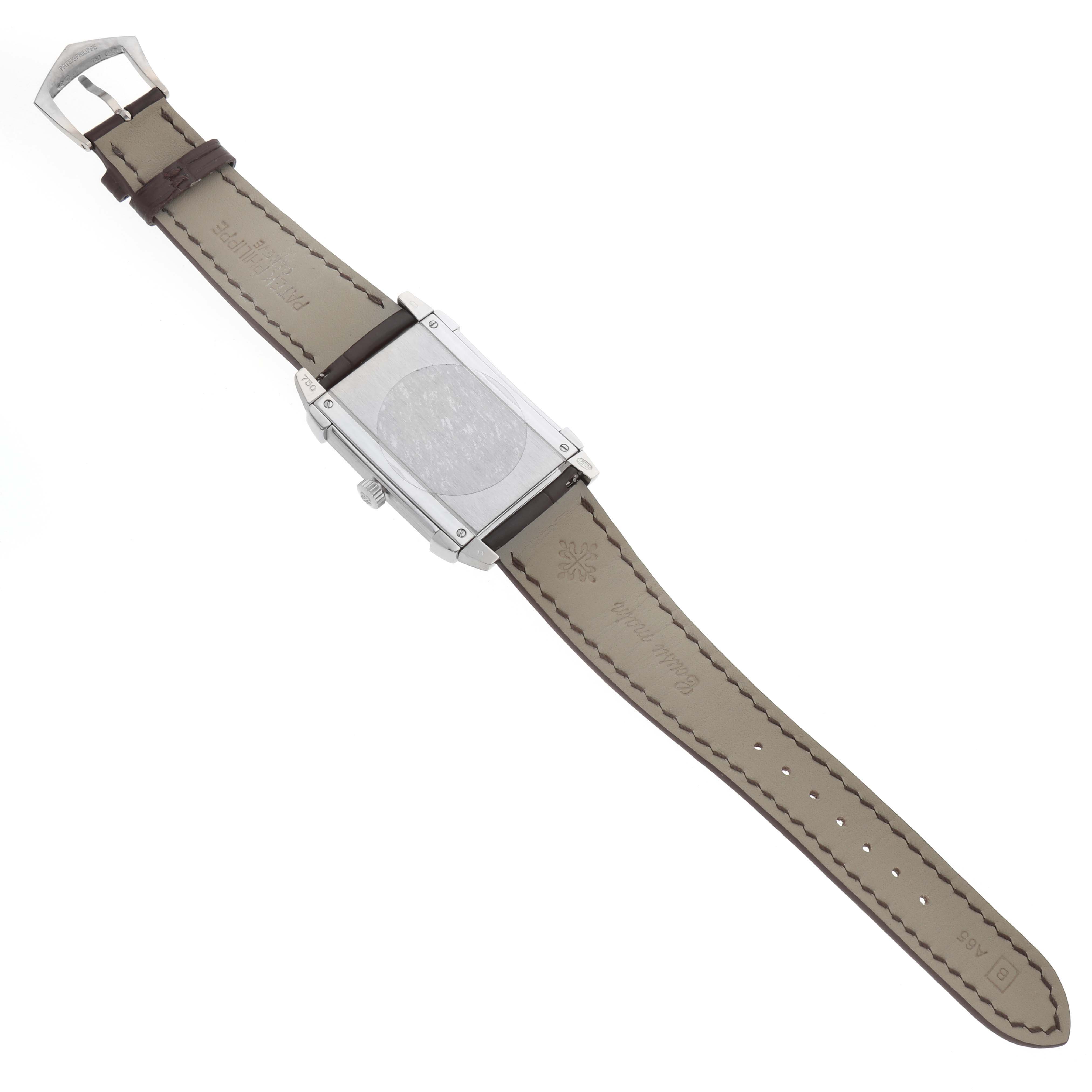 The Patek Philippe Gondolo 5111G Men's White Gold Silver Dial watch is shown from the back, displaying the strap and case back.