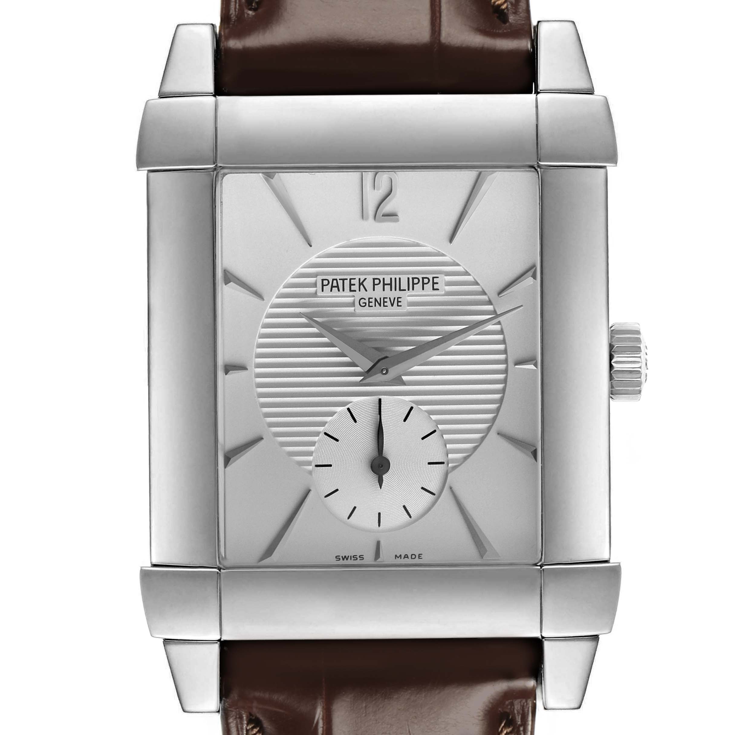 The Patek Philippe Gondolo 5111G Men's White Gold Silver Dial watch is shown from the front, highlighting the face, case, crown, and leather strap.