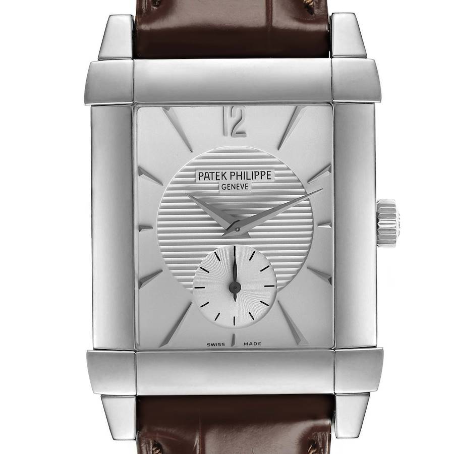 The Patek Philippe Gondolo 5111G Men's White Gold Silver Dial watch is shown from the front, highlighting the face, case, crown, and leather strap.