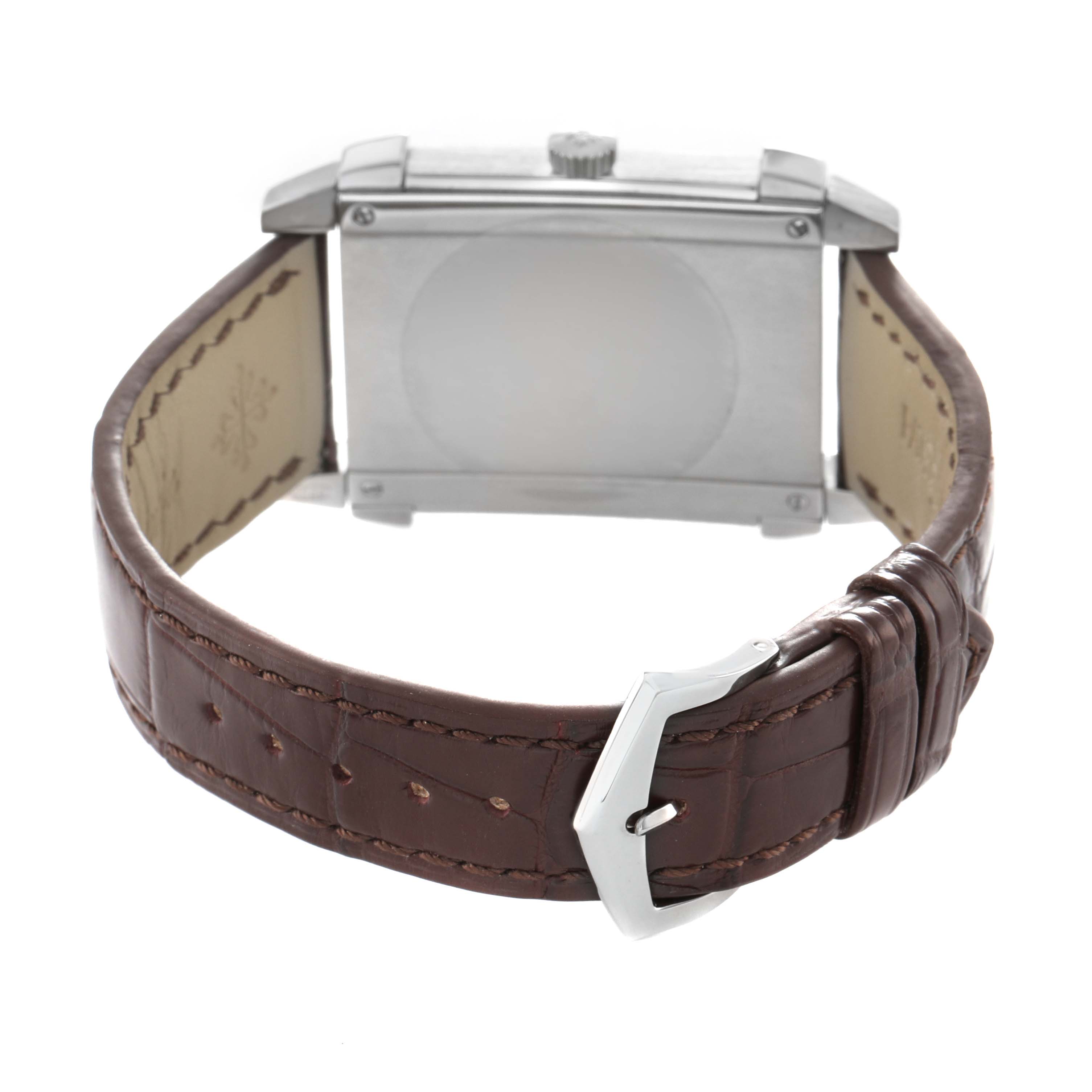 This image shows the back view of a Patek Philippe Gondolo 5111G Men's White Gold Silver Dial watch, highlighting the leather strap and clasp.