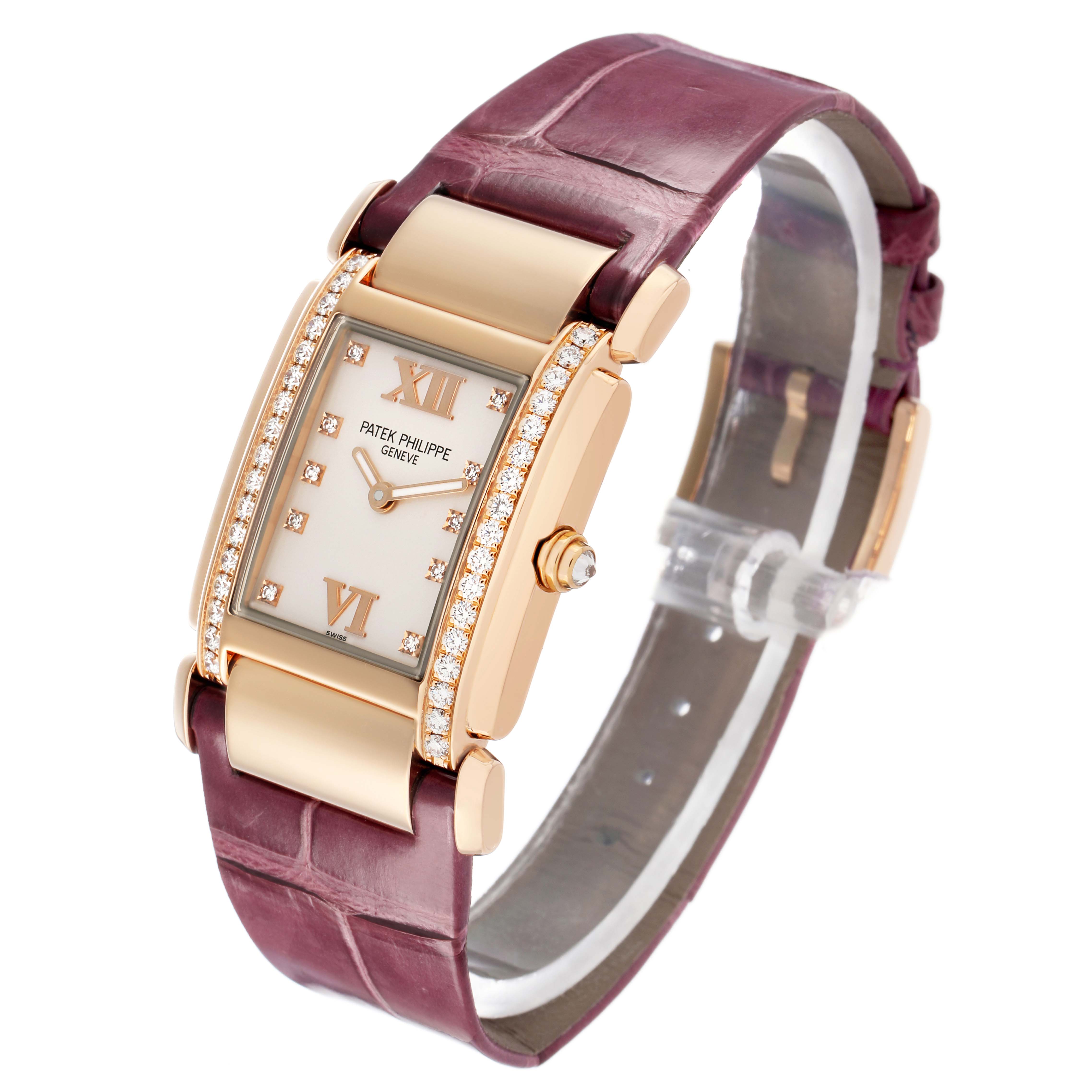The image shows a Patek Philippe Twenty-4 4920R Women's Rose Gold Silver Dial watch at an angled view, highlighting its face, diamond-set bezel, and strap.