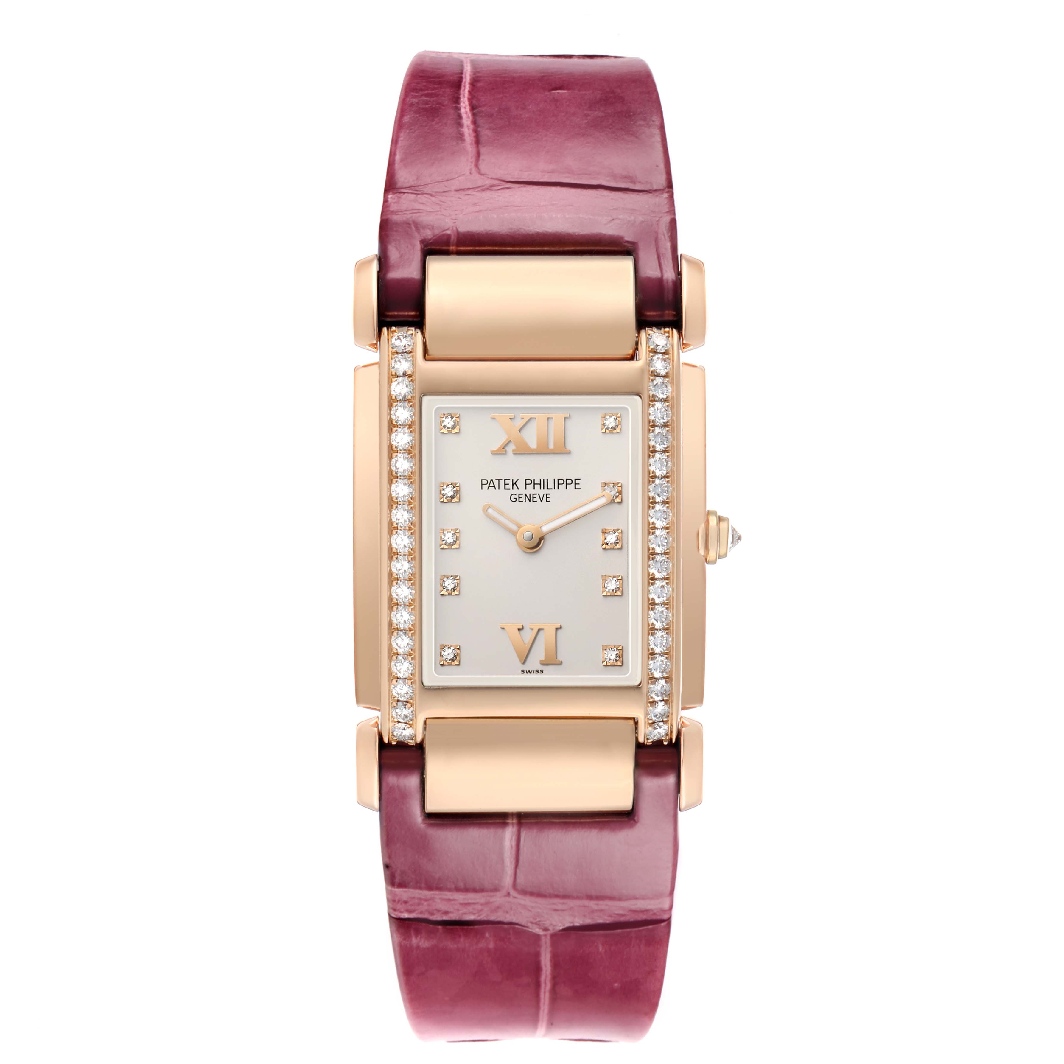 The image shows a top-down view of the Patek Philippe Twenty-4 4920R Women's Rose Gold Silver Dial watch, highlighting the dial, diamond-set bezel, and purple strap.
