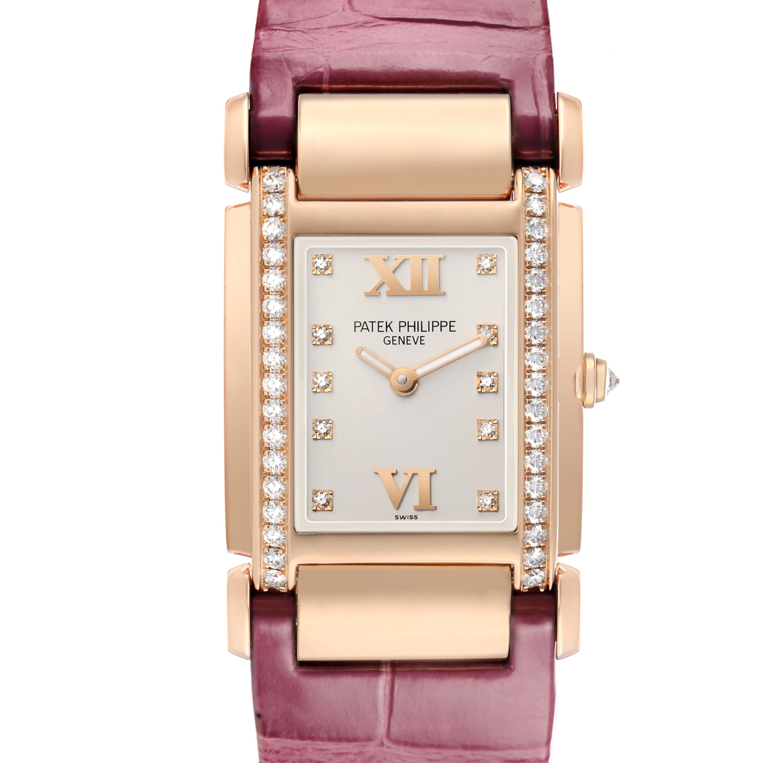 The Patek Philippe Twenty-4 4920R Women's Rose Gold Silver Dial watch is shown from a top-down angle, highlighting its rectangular case with diamond accents and a purple strap.