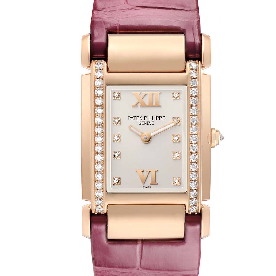The Patek Philippe Twenty-4 4920R Women's Rose Gold Silver Dial watch is shown from a top-down angle, highlighting its rectangular case with diamond accents and a purple strap.