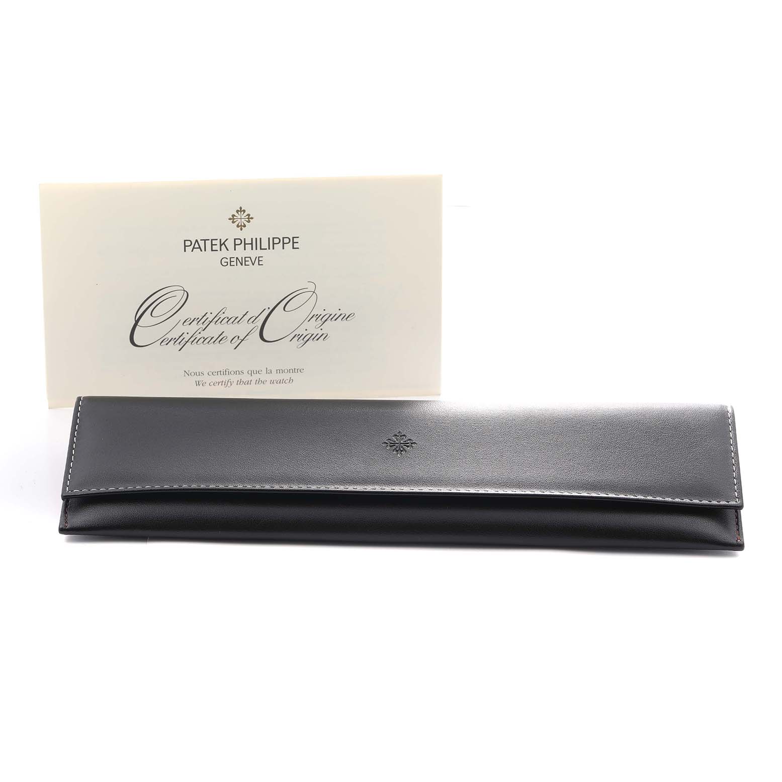 The image shows a Patek Philippe Twenty-4 4920R Women's Rose Gold Silver Dial model certificate and a leather case from a front angle.