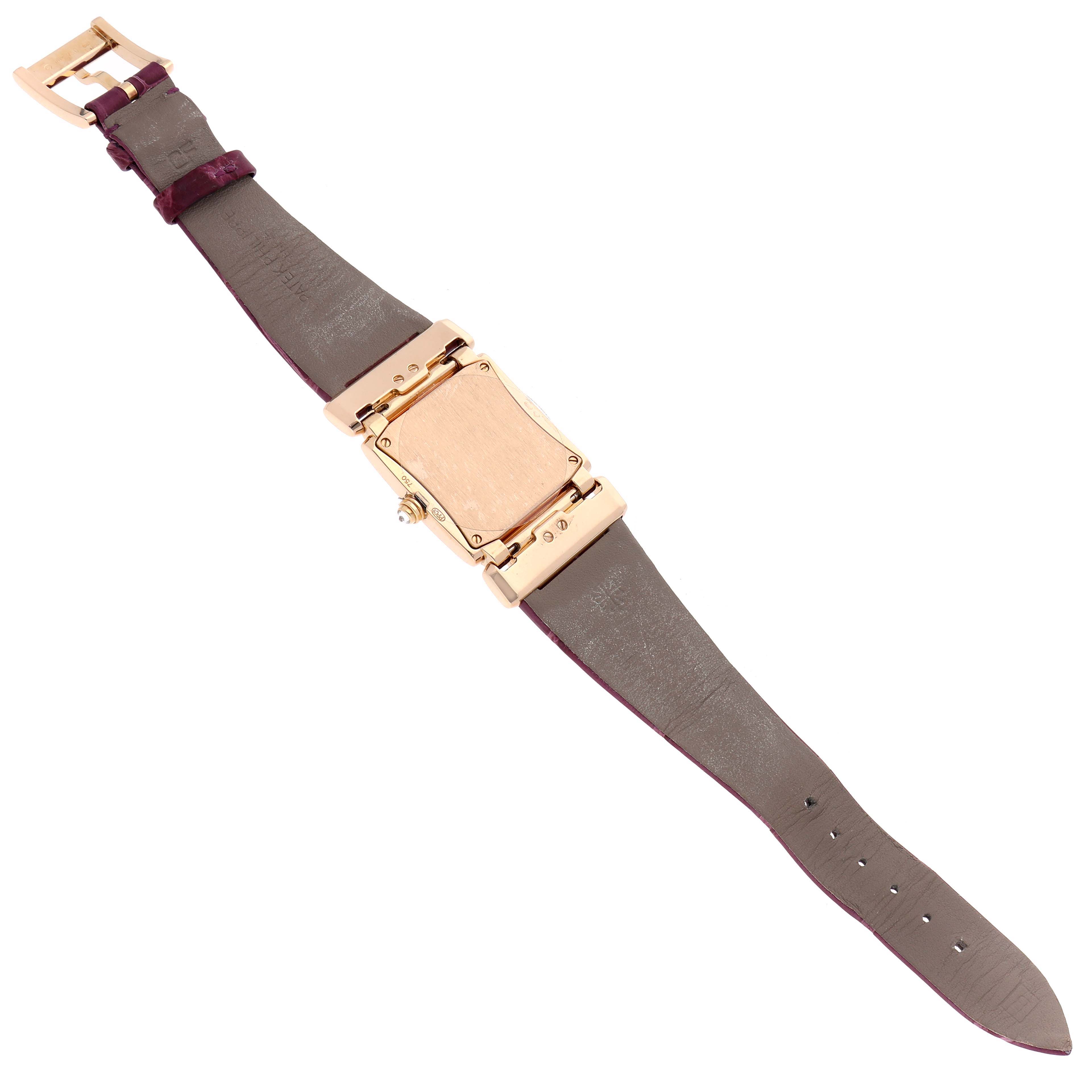 The Patek Philippe Twenty-4 4920R Women's Rose Gold Silver Dial watch is shown from the back, displaying its case, crown, and leather strap.