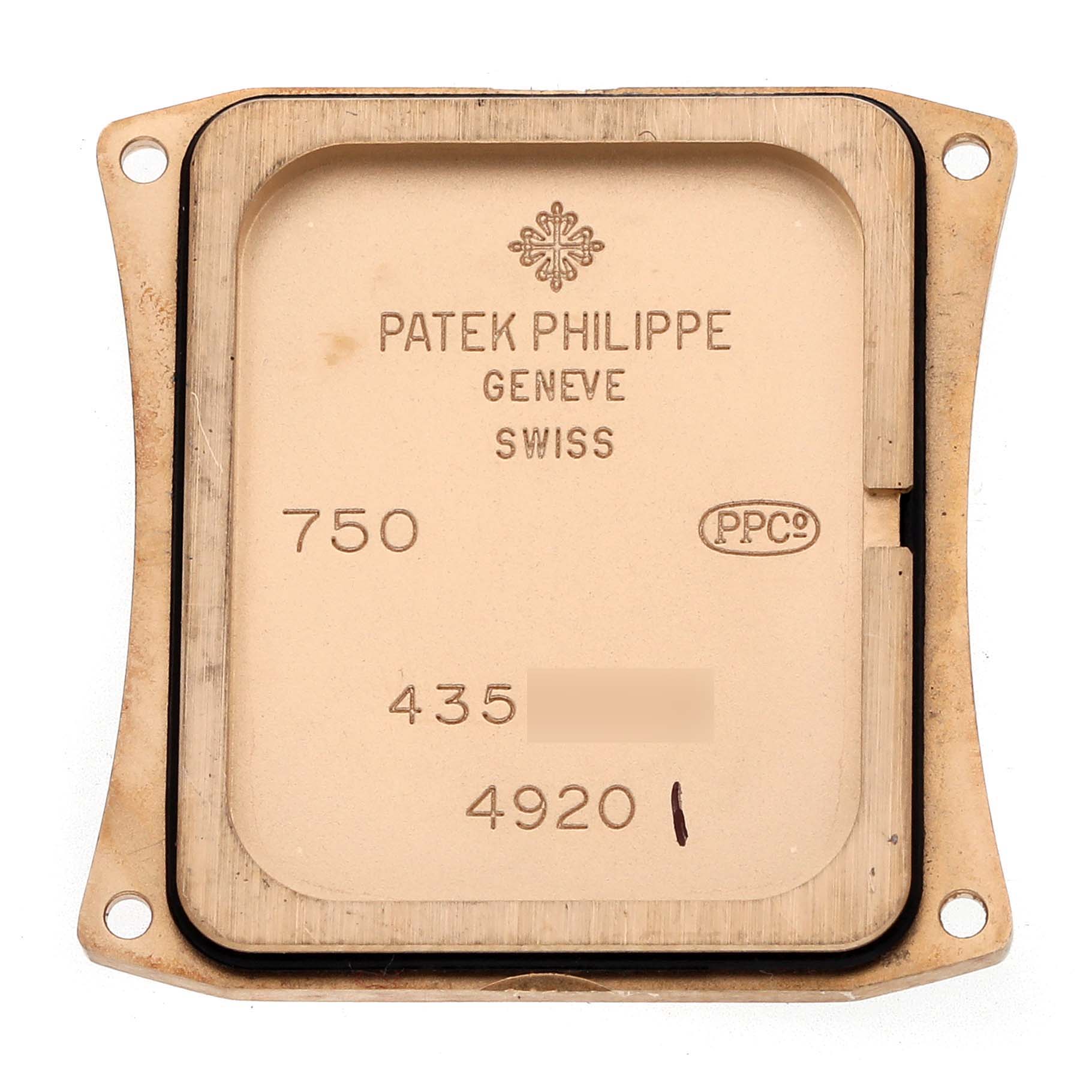 The image shows the case back of a Patek Philippe Twenty-4 4920R Women's Rose Gold Silver Dial watch, displaying model and hallmark engravings.