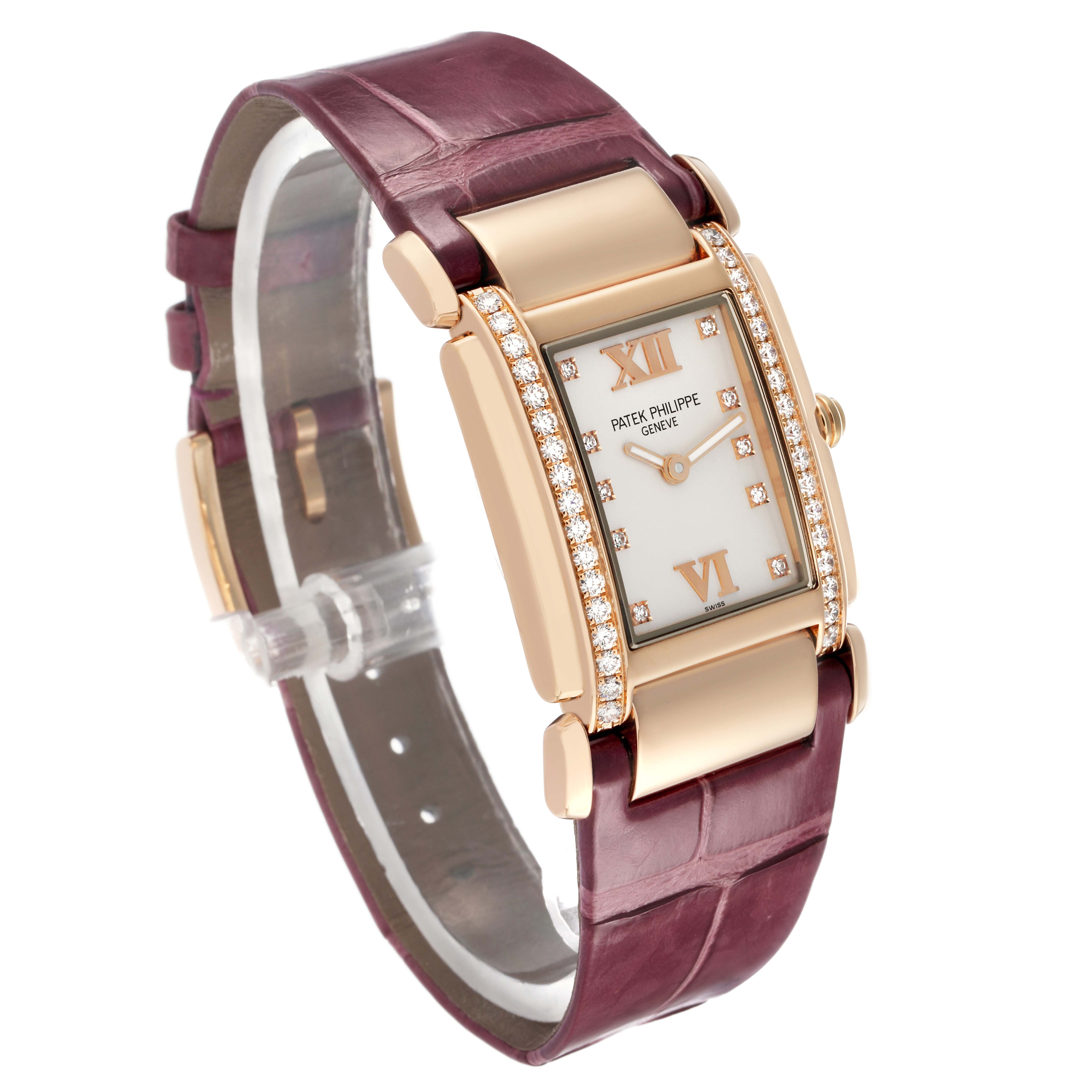 The Patek Philippe Twenty-4 4920R Women's Rose Gold Silver Dial watch is shown at a three-quarter angle, highlighting its diamond-set bezel and maroon strap.