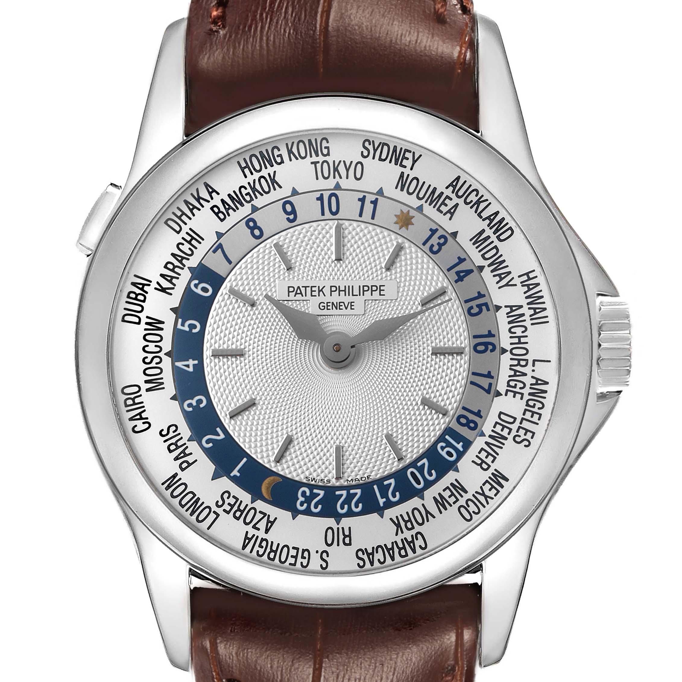 The Patek Philippe Complications 5110G Men's White Gold Silver Dial watch is shown from a front angle, displaying its dial, bezel, and part of the brown leather strap.