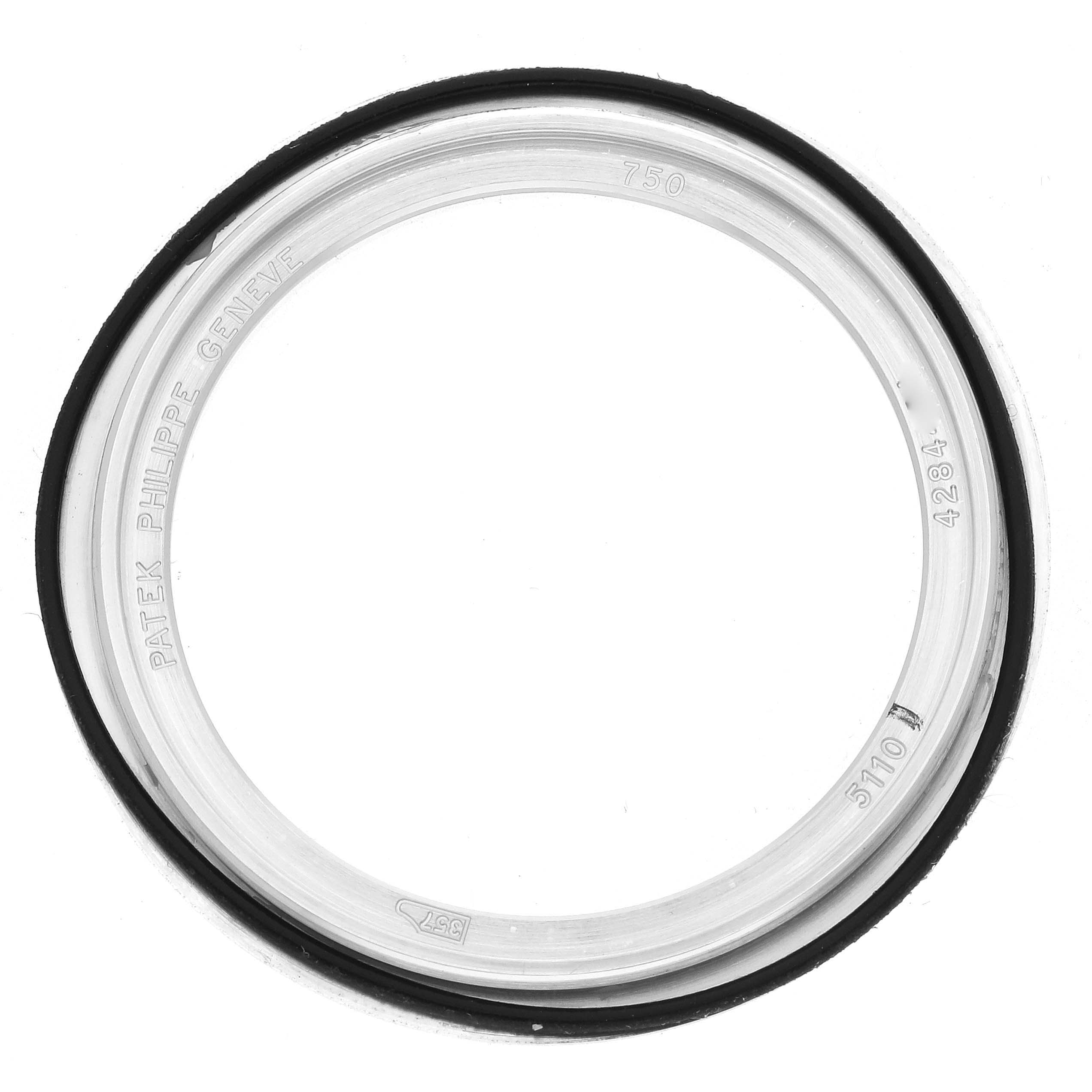 The image shows a top-down view of the bezel for a Patek Philippe Complications 5110G Men's White Gold Silver Dial watch.