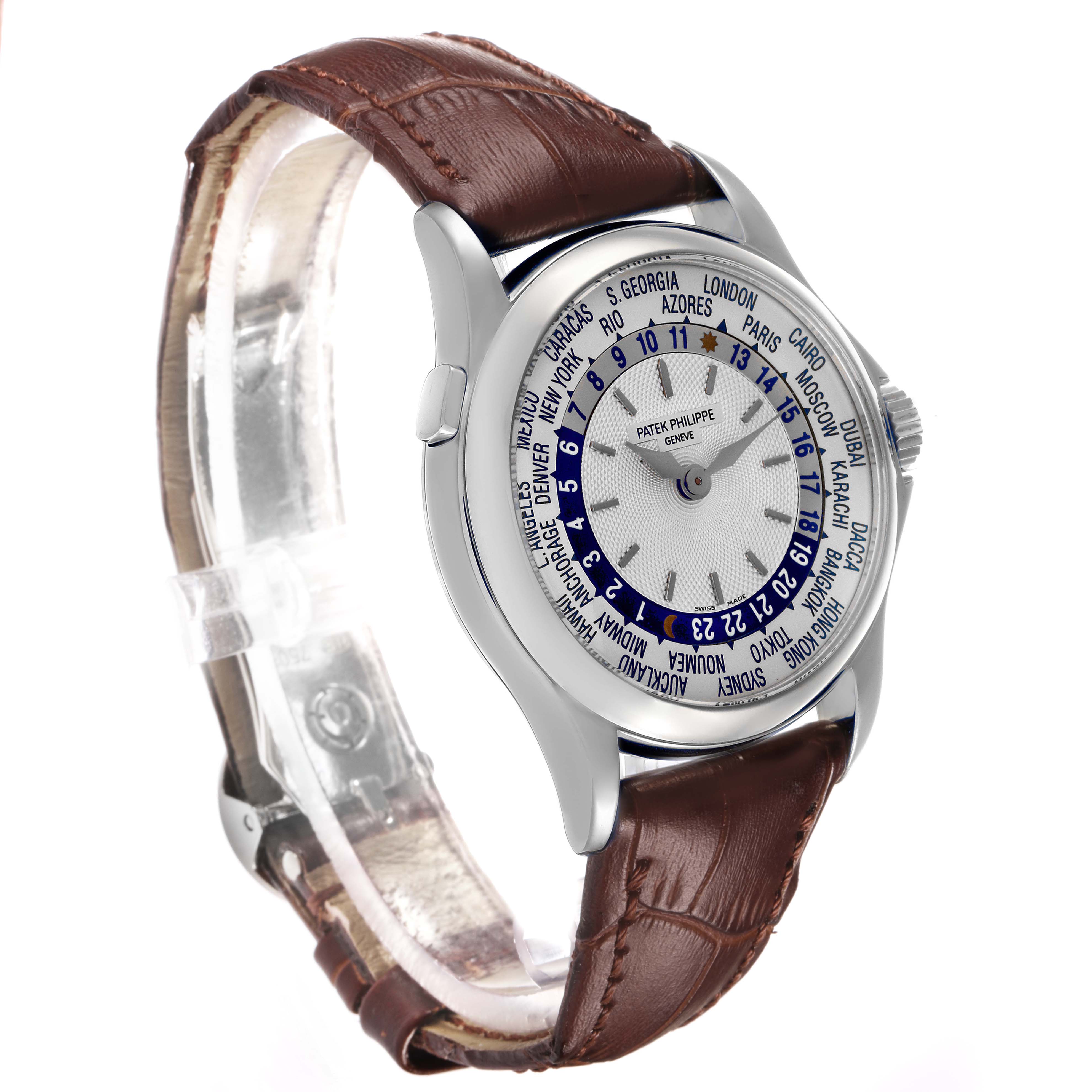 The Patek Philippe Complications 5110G Men's White Gold Silver Dial watch is shown from a front angle, featuring the dial, bezel, and brown leather strap.