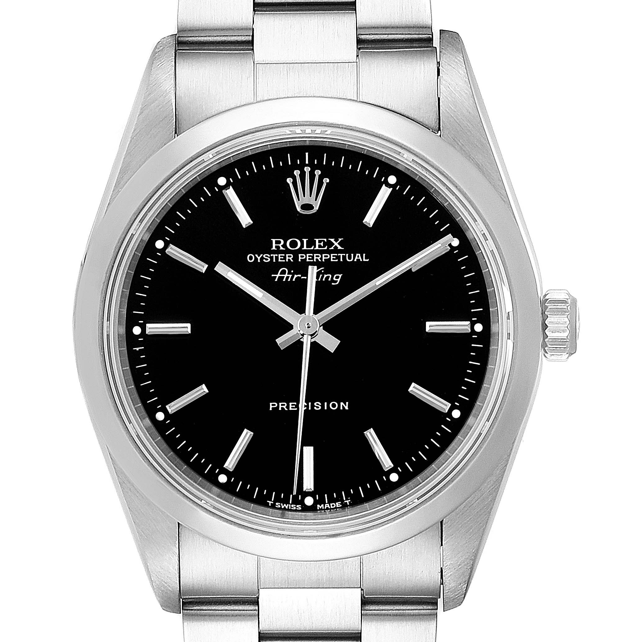 The image shows a front view of a Rolex Air-King 14000 Men's Stainless Steel Black Dial 14000 Men's Stainless Steel Black Dial watch, displaying its dial, hands, crown, and part of the bracelet.