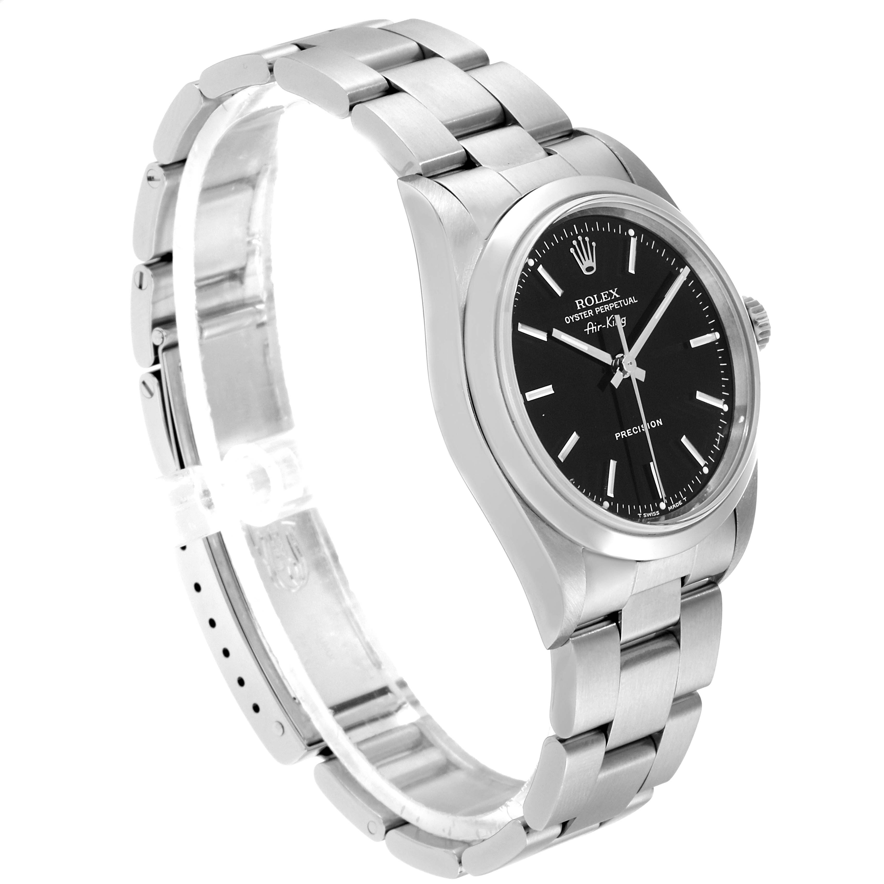 The image shows a side angle of a Rolex Air-King 14000 Men's Stainless Steel Black Dial 14000 Men's Stainless Steel Black Dial watch, displaying the black dial, stainless steel case, and bracelet.