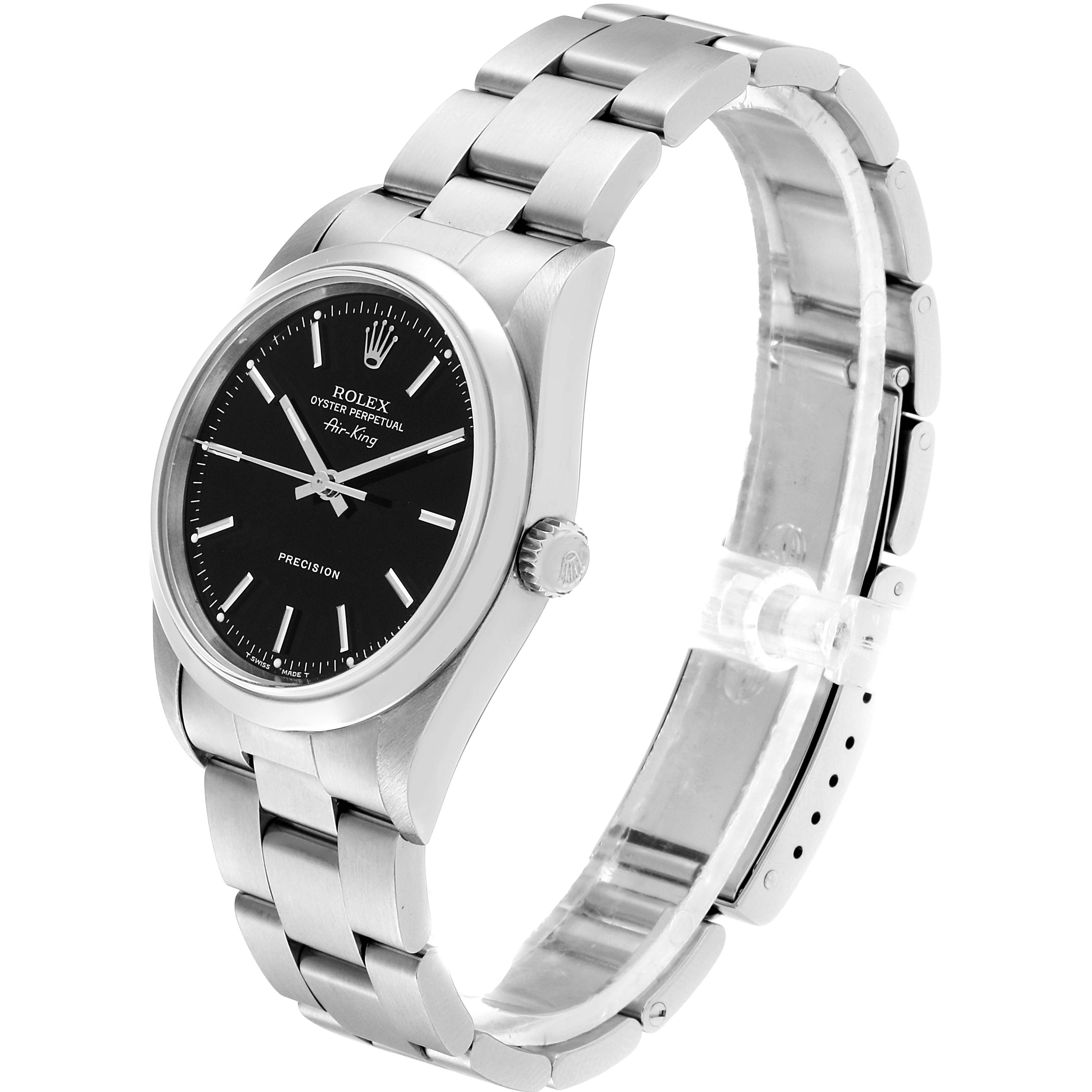 This image shows a side angle of the Rolex Air-King 14000 Men's Stainless Steel Black Dial 14000 Men's Stainless Steel Black Dial watch, highlighting the face, case, and metal bracelet.