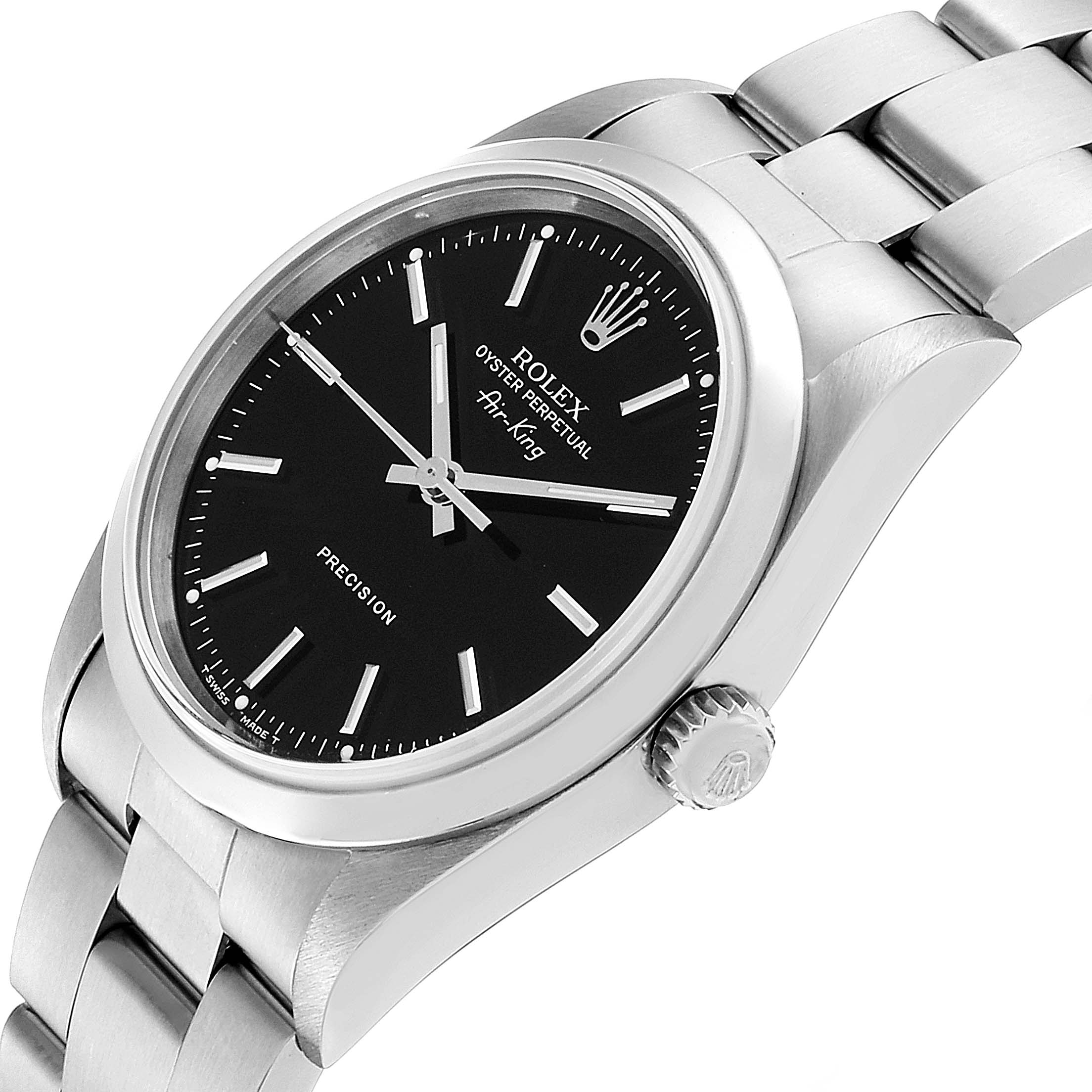 This image shows a side view of the Rolex Air-King 14000 Men's Stainless Steel Black Dial 14000 Men's Stainless Steel Black Dial watch, highlighting its face, crown, and part of the stainless steel bracelet.