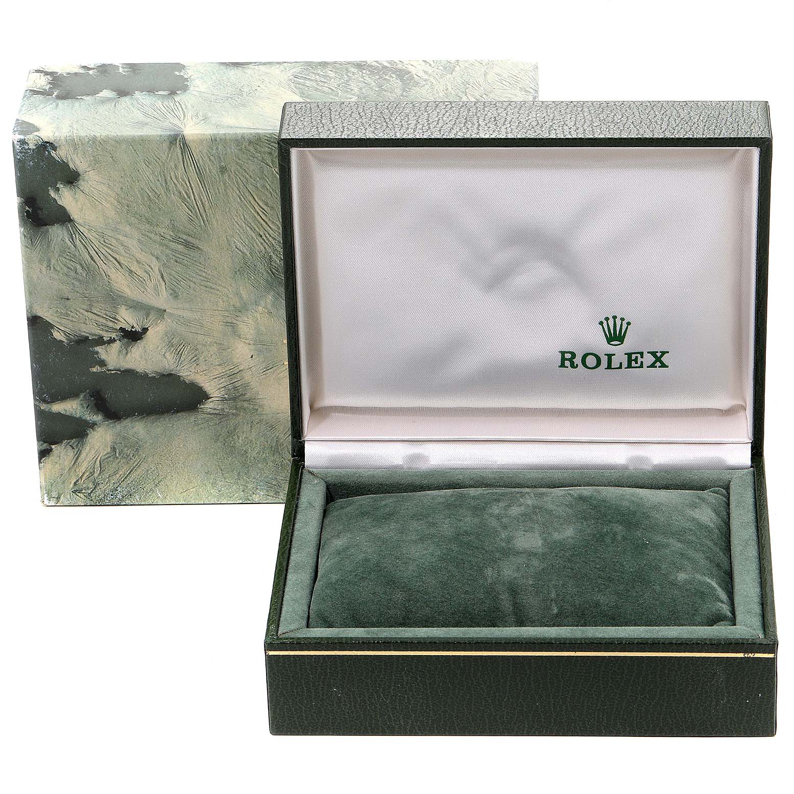 The image shows the open box for a Rolex Air-King 14000 Men's Stainless Steel Black Dial 14000 Men's Stainless Steel Black Dial watch, displaying the interior padding and exterior packaging.