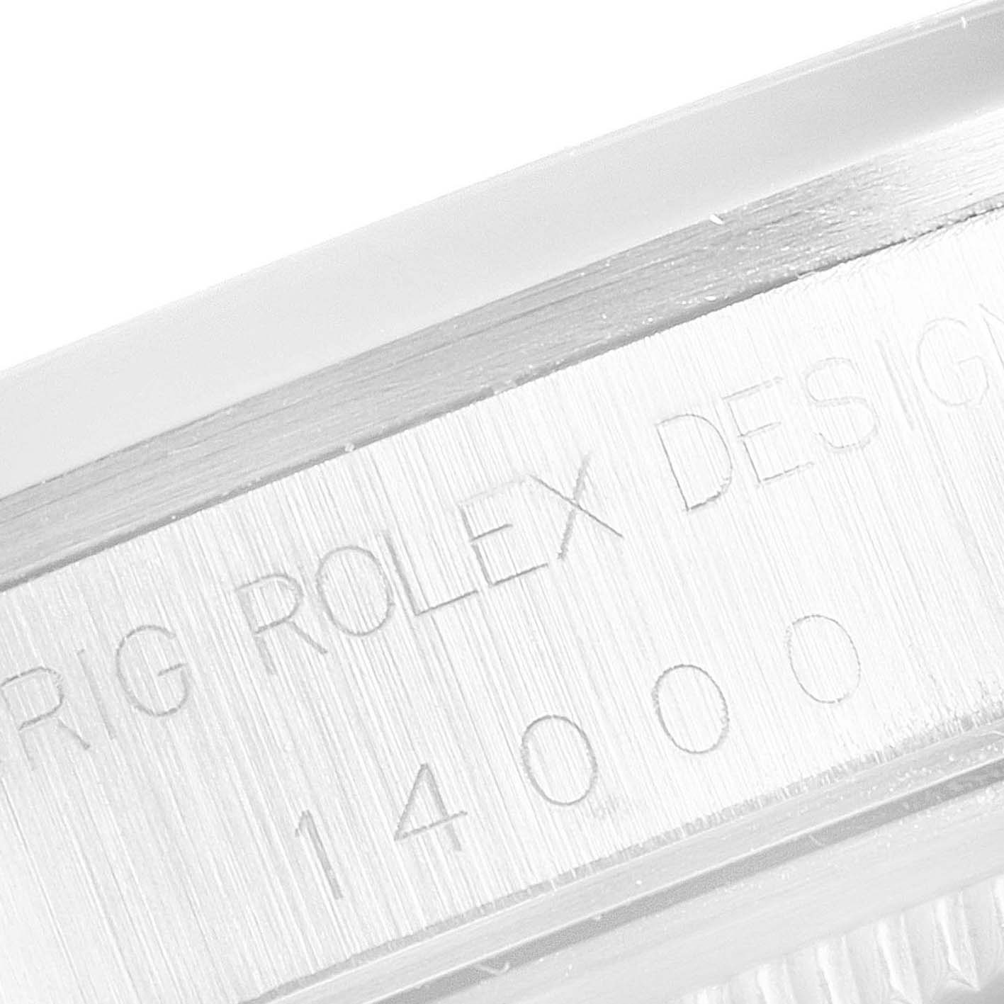 This image shows a close-up of the engraved side of a Rolex Air-King 14000 Men's Stainless Steel Black Dial 14000 Men's Stainless Steel Black Dial watch.