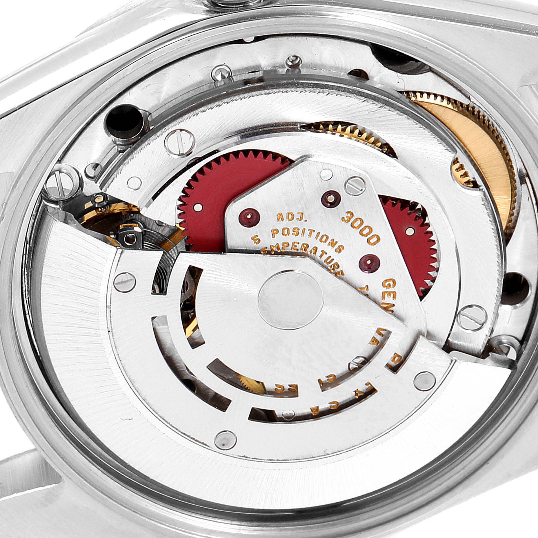 This image shows a close-up of the movement mechanism of a Rolex Air-King 14000 Men's Stainless Steel Black Dial 14000 Men's Stainless Steel Black Dial watch from a top-down angle.