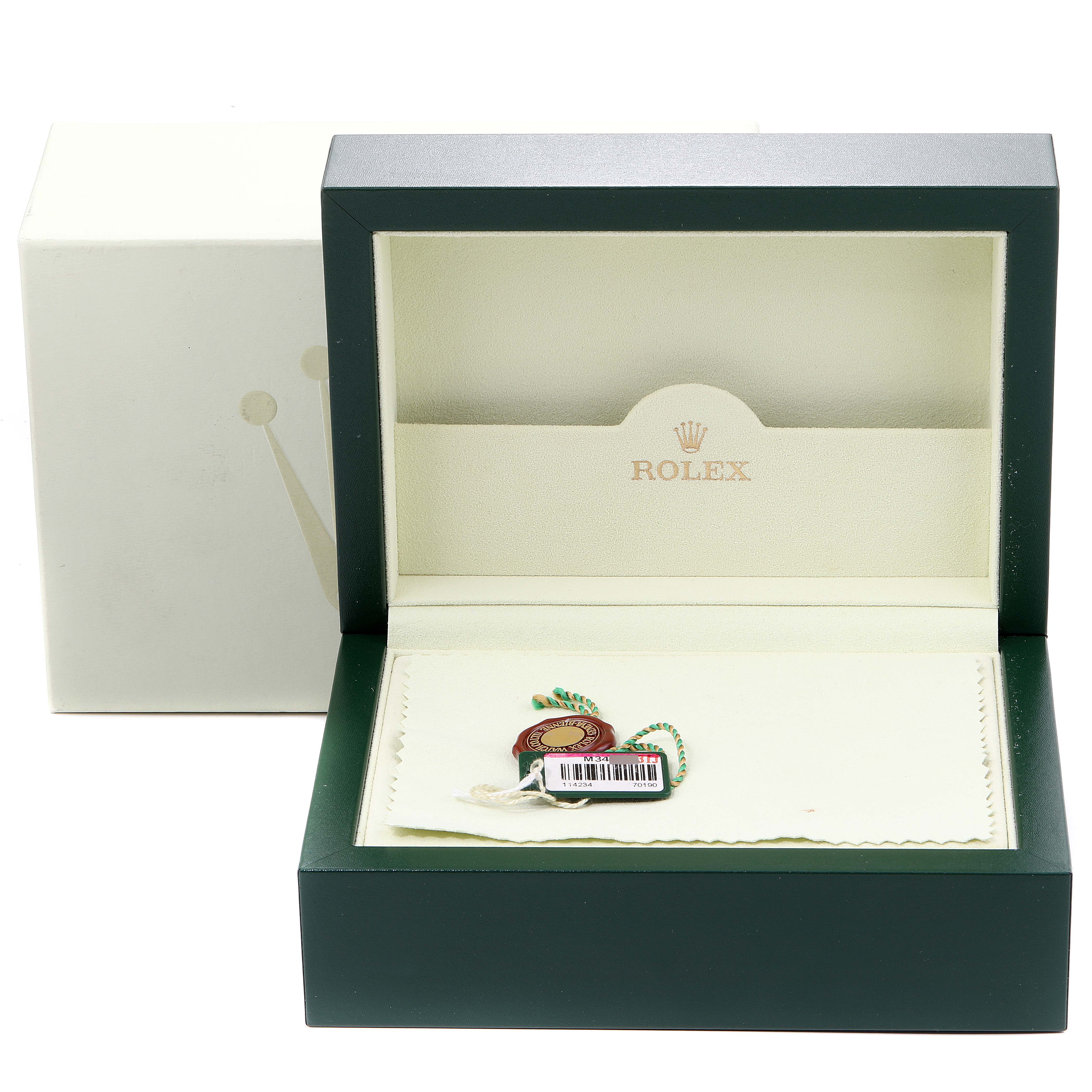 The image shows the empty box and tag for a Rolex Air-King 114234 Men's Stainless Steel Blue Dial 114234 Men's Stainless Steel Blue Dial watch, viewed from the front.