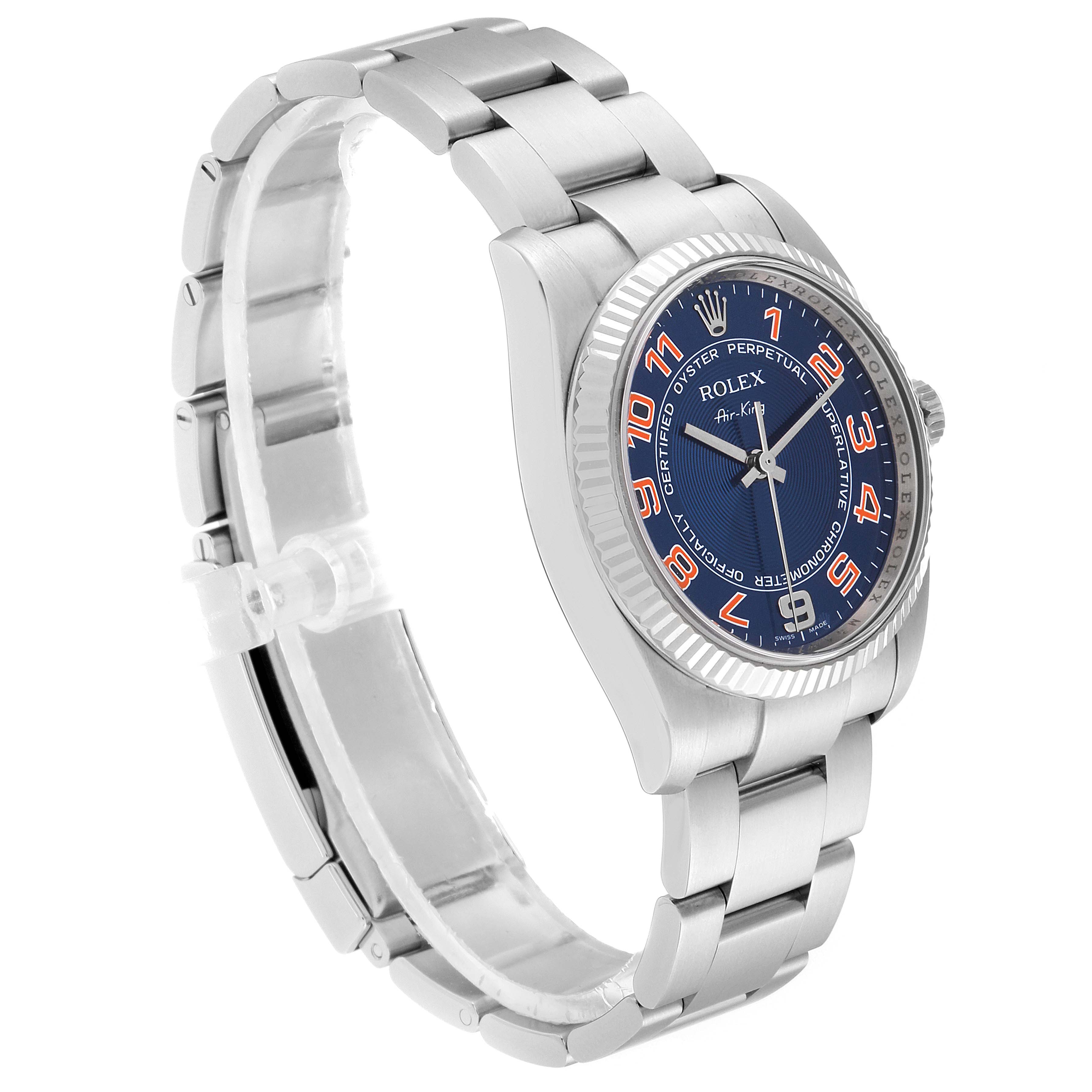 The Rolex Air-King 114234 Men's Stainless Steel Blue Dial 114234 Men's Stainless Steel Blue Dial watch is shown at an angled view, displaying the face, bezel, crown, and part of the bracelet.