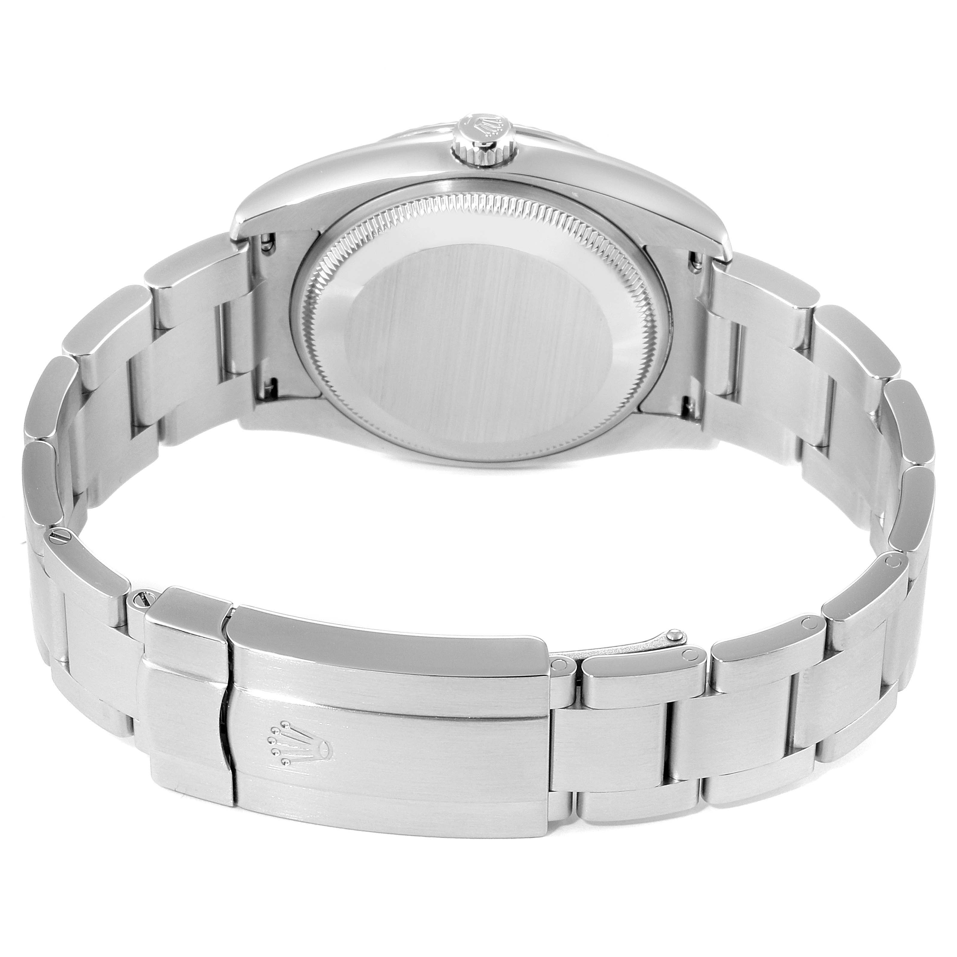 This image shows the back view of the Rolex Air-King 114234 Men's Stainless Steel Blue Dial 114234 Men's Stainless Steel Blue Dial watch, highlighting the case back and the bracelet with its clasp.