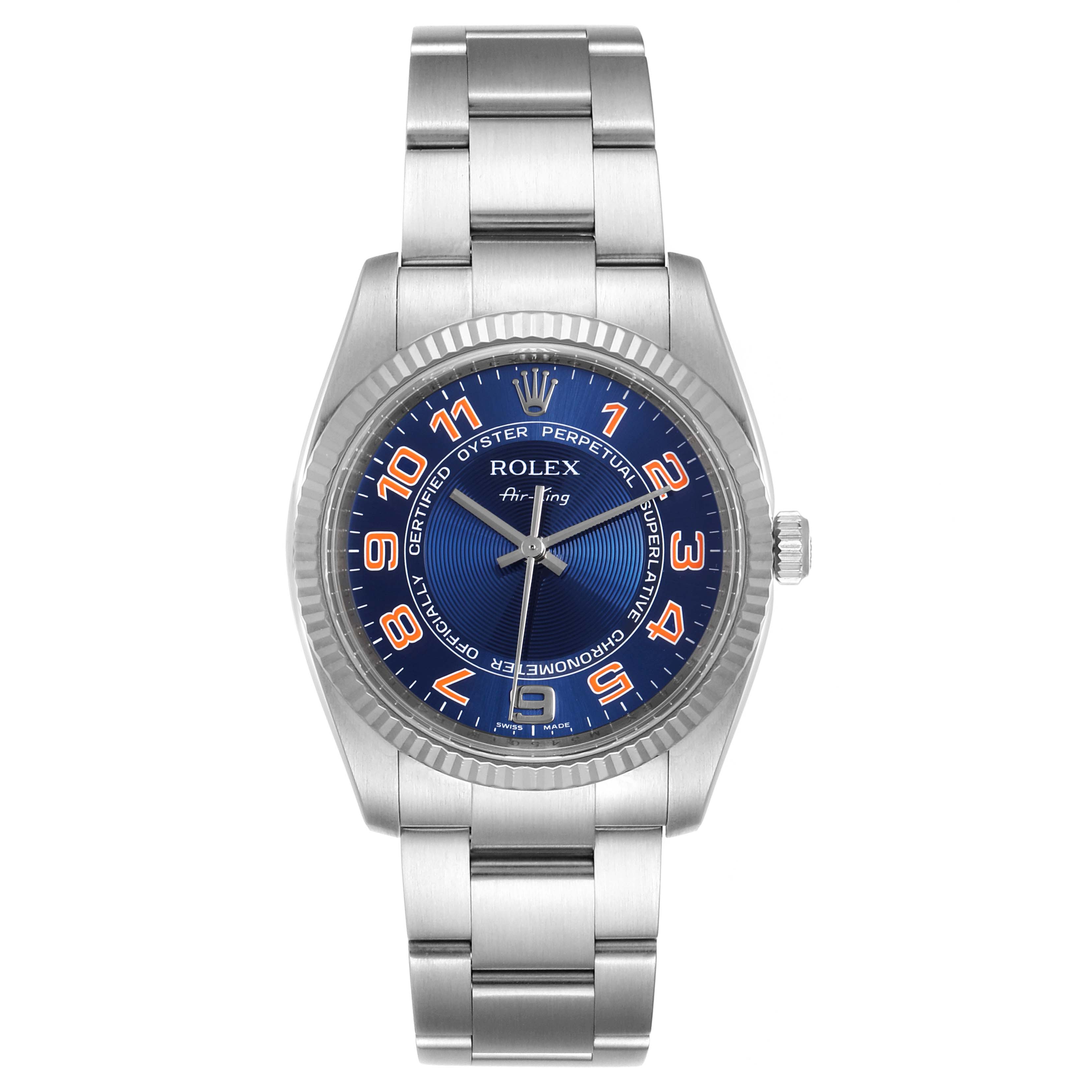 The image shows a front view of the Rolex Air-King 114234 Men's Stainless Steel Blue Dial 114234 Men's Stainless Steel Blue Dial watch, highlighting its blue dial, Arabic numerals, and stainless steel bracelet.