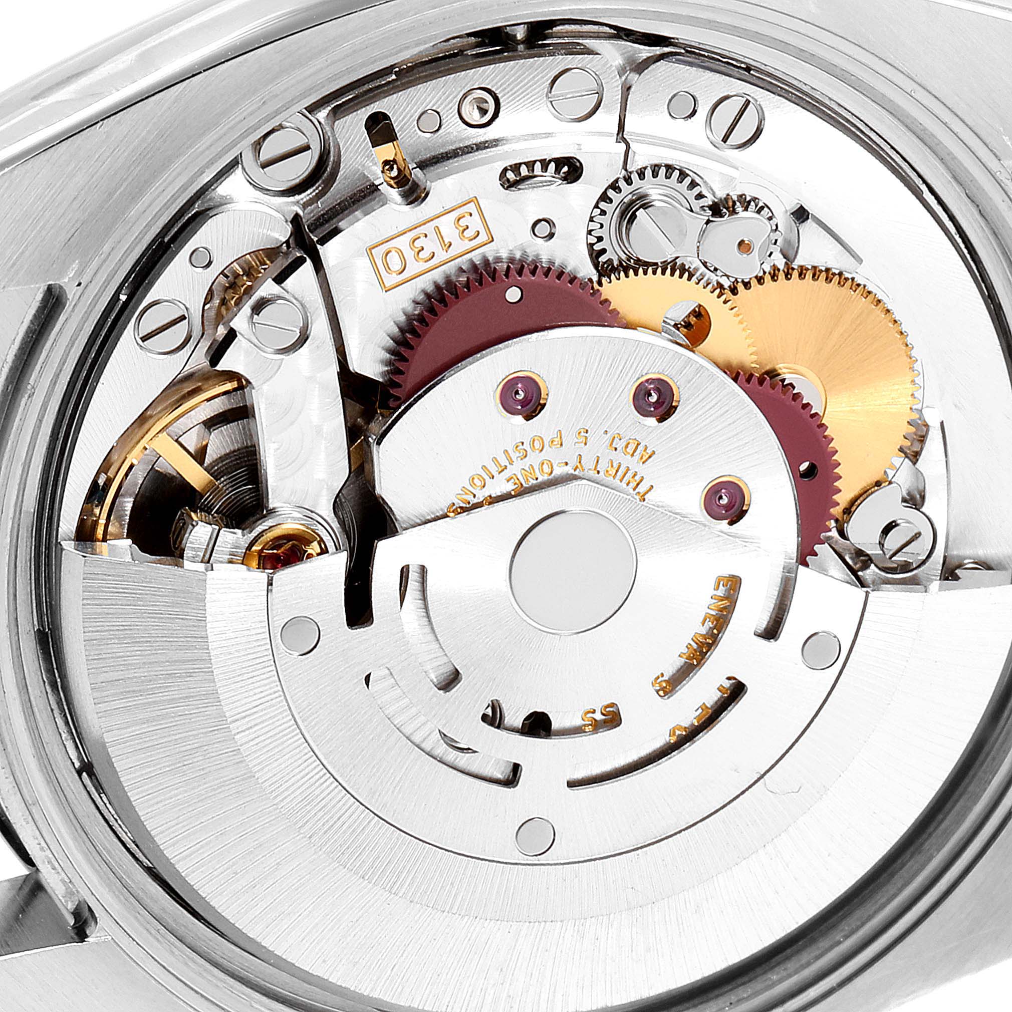 This image shows the internal mechanism of a Rolex Air-King 114234 Men's Stainless Steel Blue Dial 114234 Men's Stainless Steel Blue Dial watch from a close-up, top-down angle.