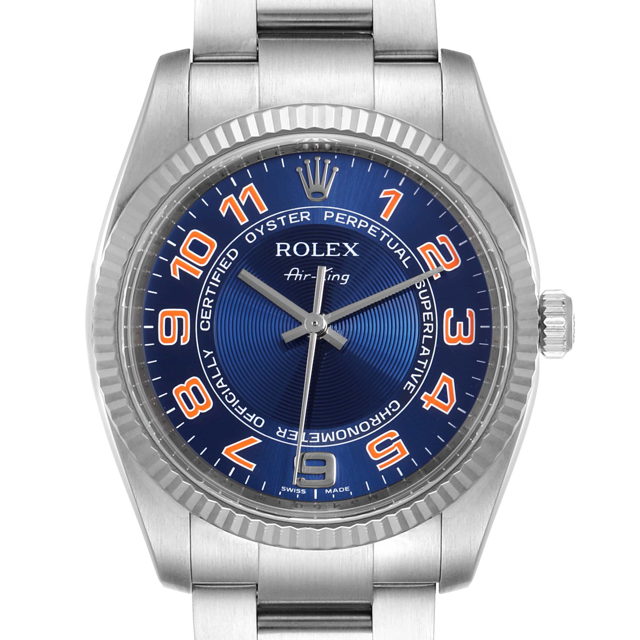 The image shows a front view of the Rolex Air-King 114234 Men's Stainless Steel Blue Dial 114234 Men's Stainless Steel Blue Dial watch, highlighting the blue dial, orange numerals, and stainless steel bracelet.