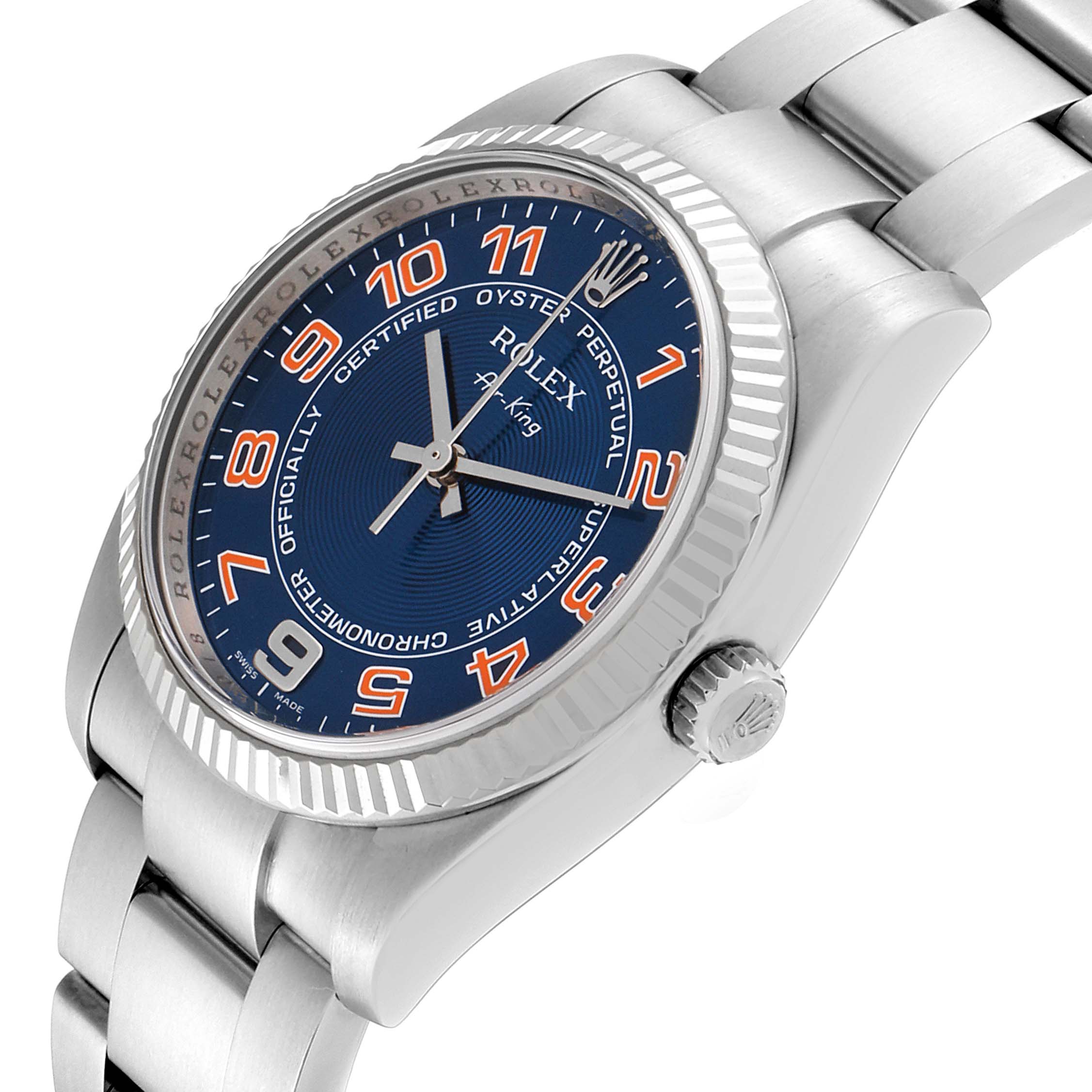 The image shows a side angle view of the Rolex Air-King 114234 Men's Stainless Steel Blue Dial 114234 Men's Stainless Steel Blue Dial watch, highlighting the dial, bezel, and bracelet.