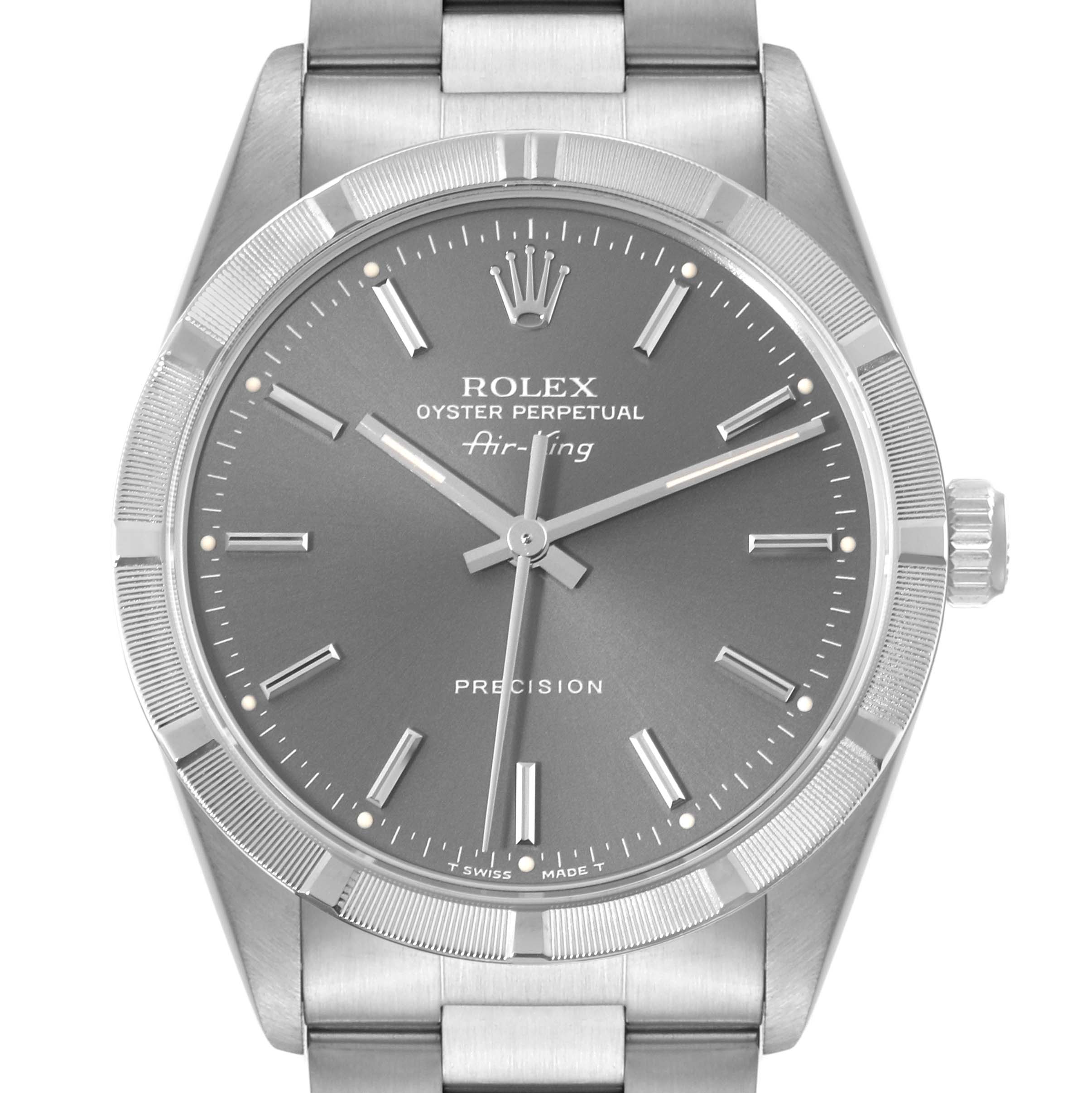 This image shows a front view of the Rolex Air-King 14010 Men's Stainless Steel Grey Dial 14010 Men's Stainless Steel Grey Dial watch, highlighting the dial, bezel, and part of the bracelet.