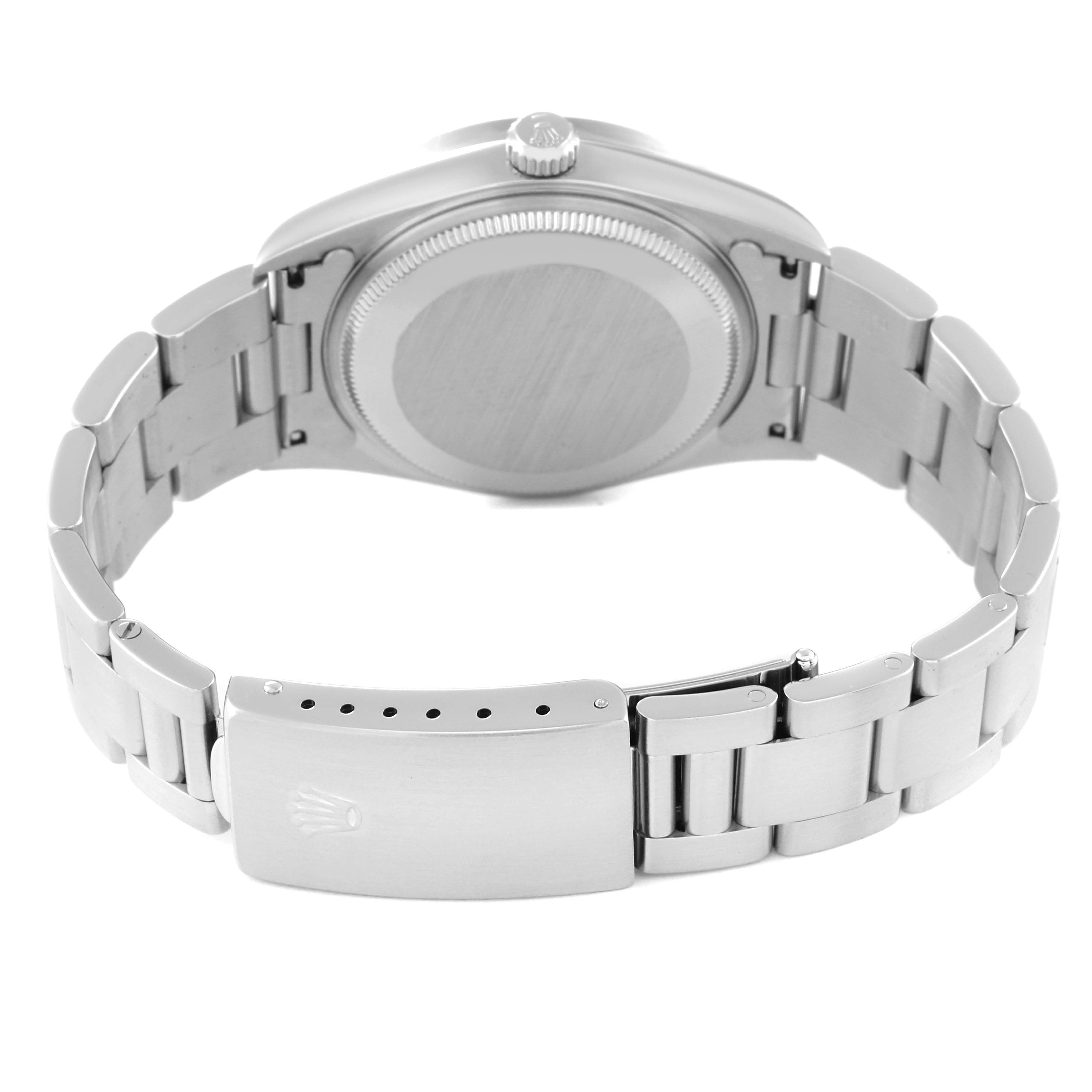 The image shows the back view of the Rolex Air-King 14010 Men's Stainless Steel Grey Dial 14010 Men's Stainless Steel Grey Dial watch, focusing on the case back and the bracelet with a clasp.