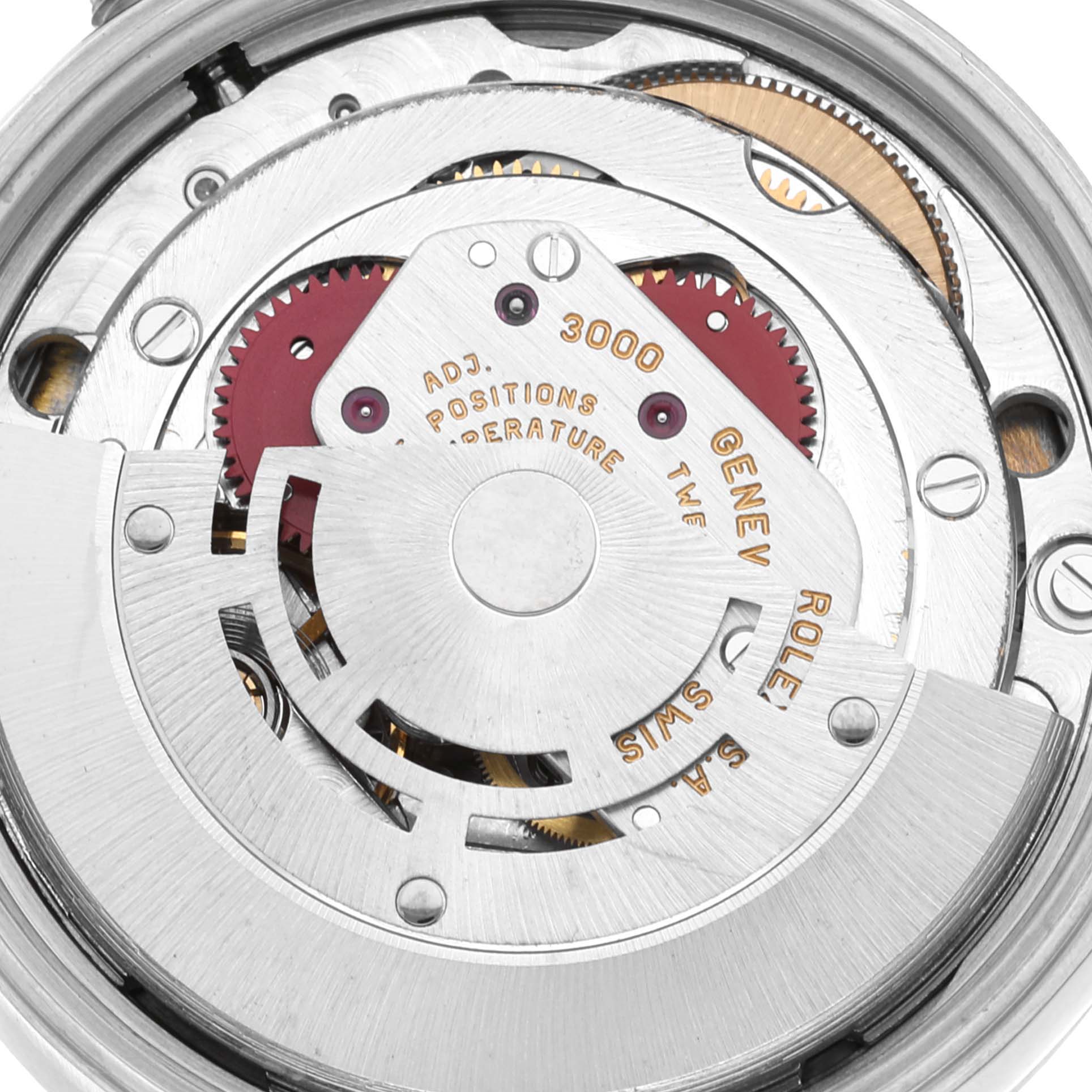This image shows the intricate internal movement components of a Rolex Air-King 14010 Men's Stainless Steel Grey Dial 14010 Men's Stainless Steel Grey Dial watch from a close-up top-down angle.
