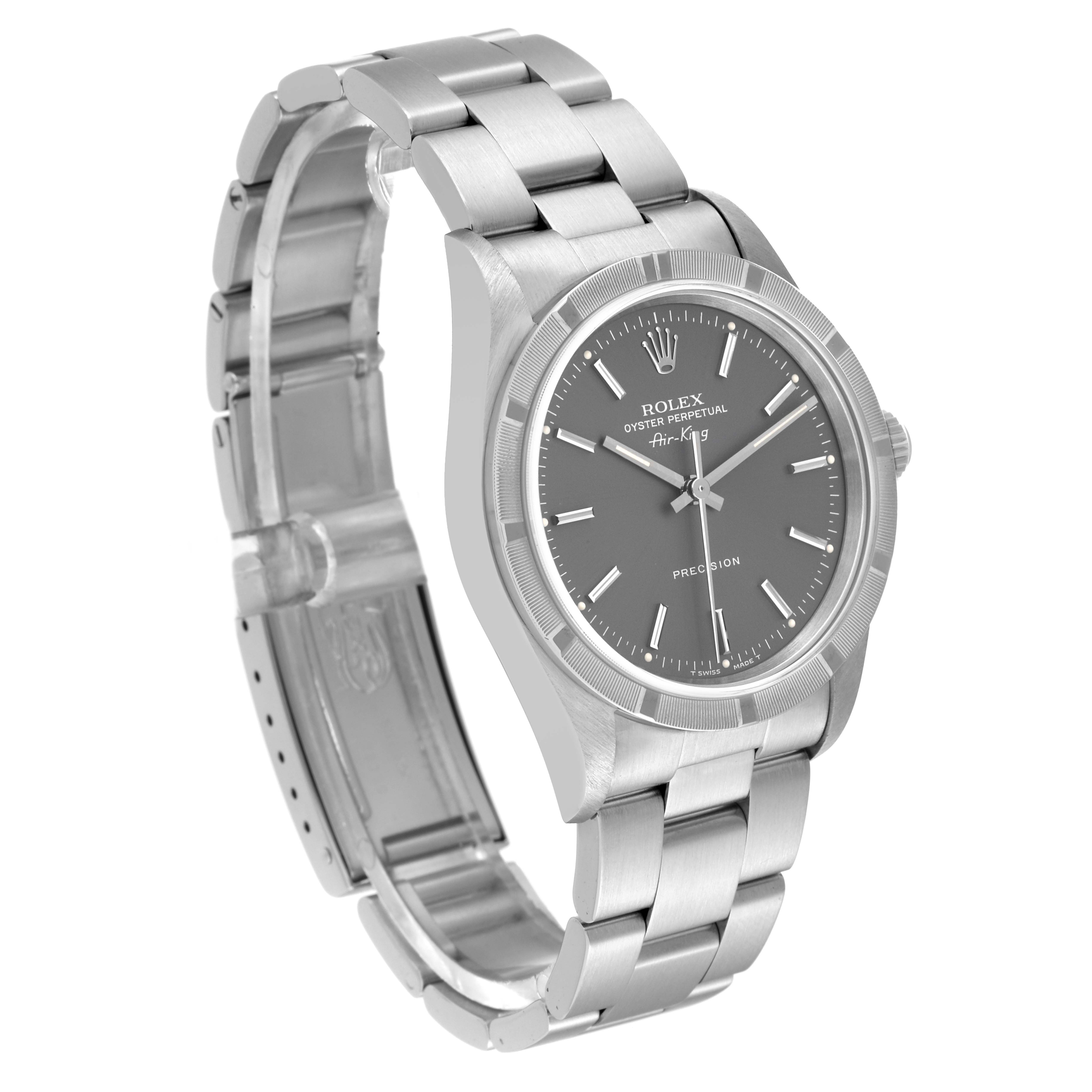 The Rolex Air-King 14010 Men's Stainless Steel Grey Dial 14010 Men's Stainless Steel Grey Dial watch is shown at an angled view, displaying its face, bracelet, and clasp.