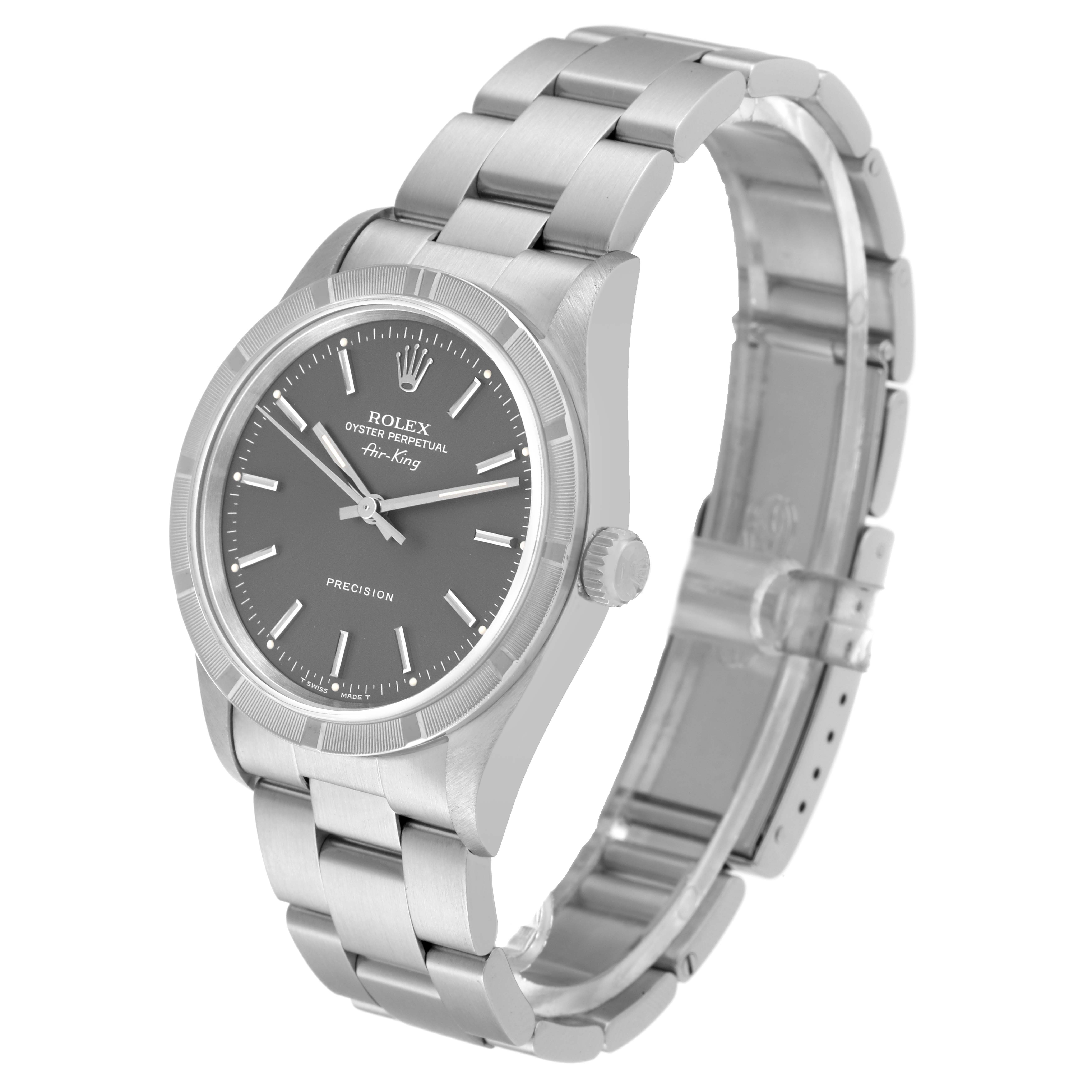 The Rolex Air-King 14010 Men's Stainless Steel Grey Dial 14010 Men's Stainless Steel Grey Dial watch is shown at a slight angle, displaying the face, bezel, crown, and bracelet.