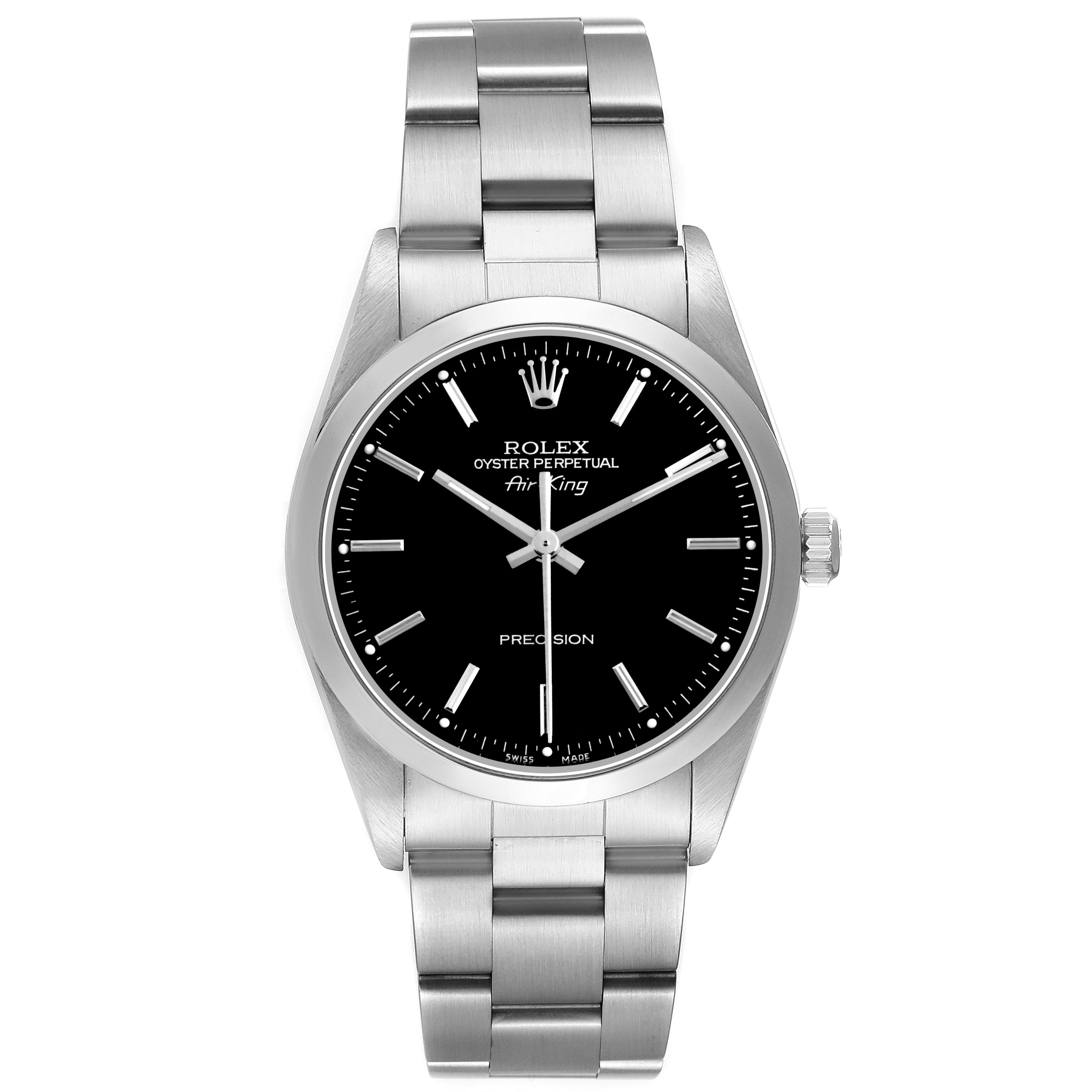 The Rolex Air-King 14000 Men's Stainless Steel Black Dial watch is shown from a front angle, highlighting the dial, bezel, crown, and bracelet.