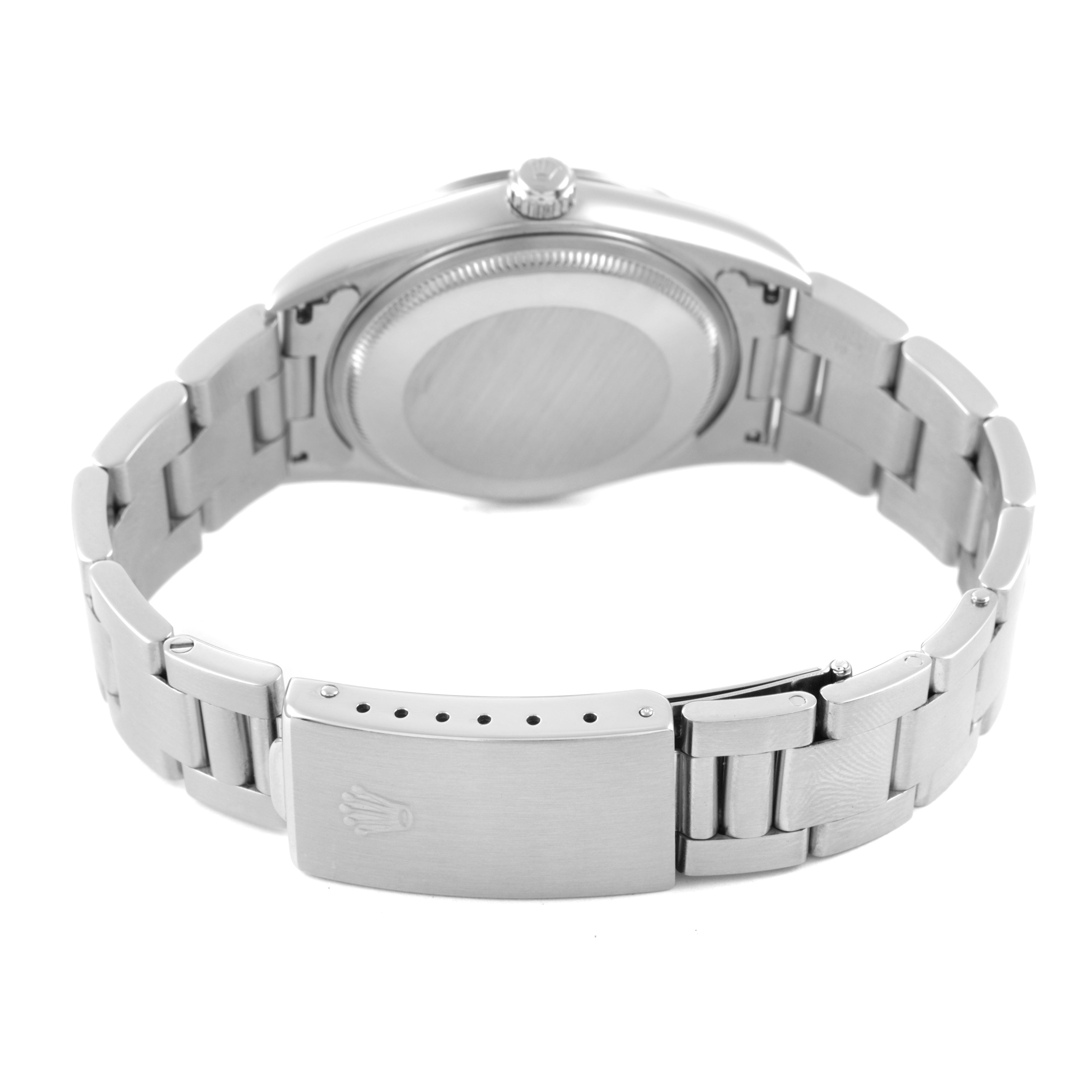 The image shows the back and side of the Rolex Air-King 14000 Men's Stainless Steel Black Dial watch, highlighting the case back, bracelet, and clasp.