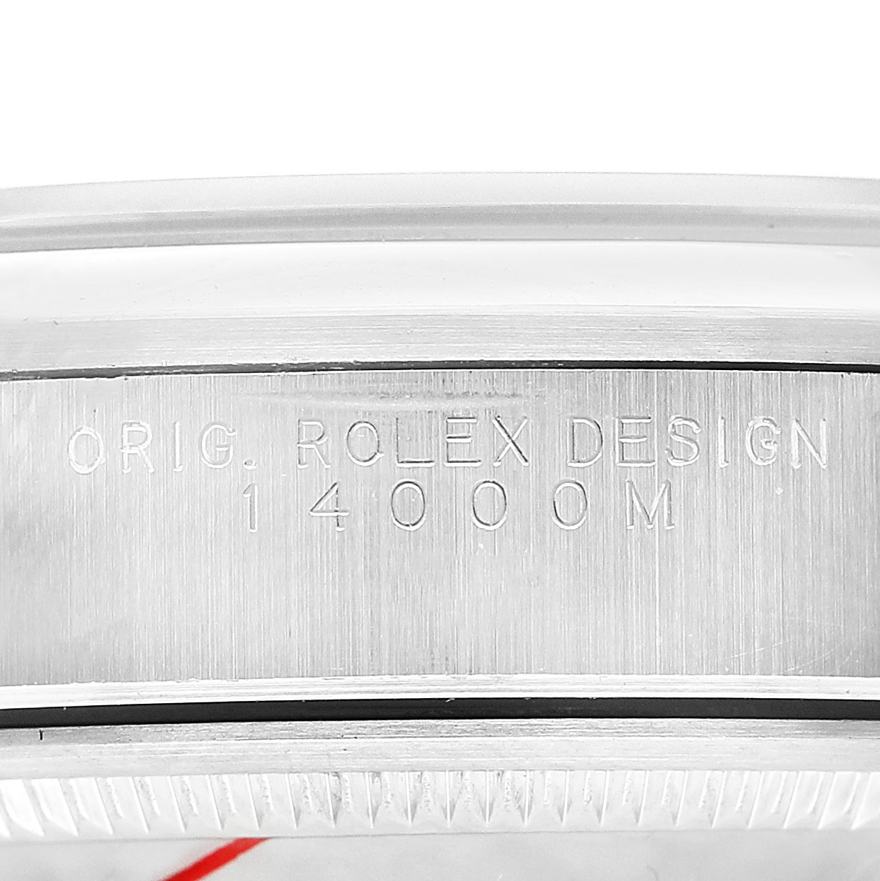 The image shows a close-up of the side case with engravings on the Rolex Air-King 14000 Men's Stainless Steel Black Dial model, including its design and model number.
