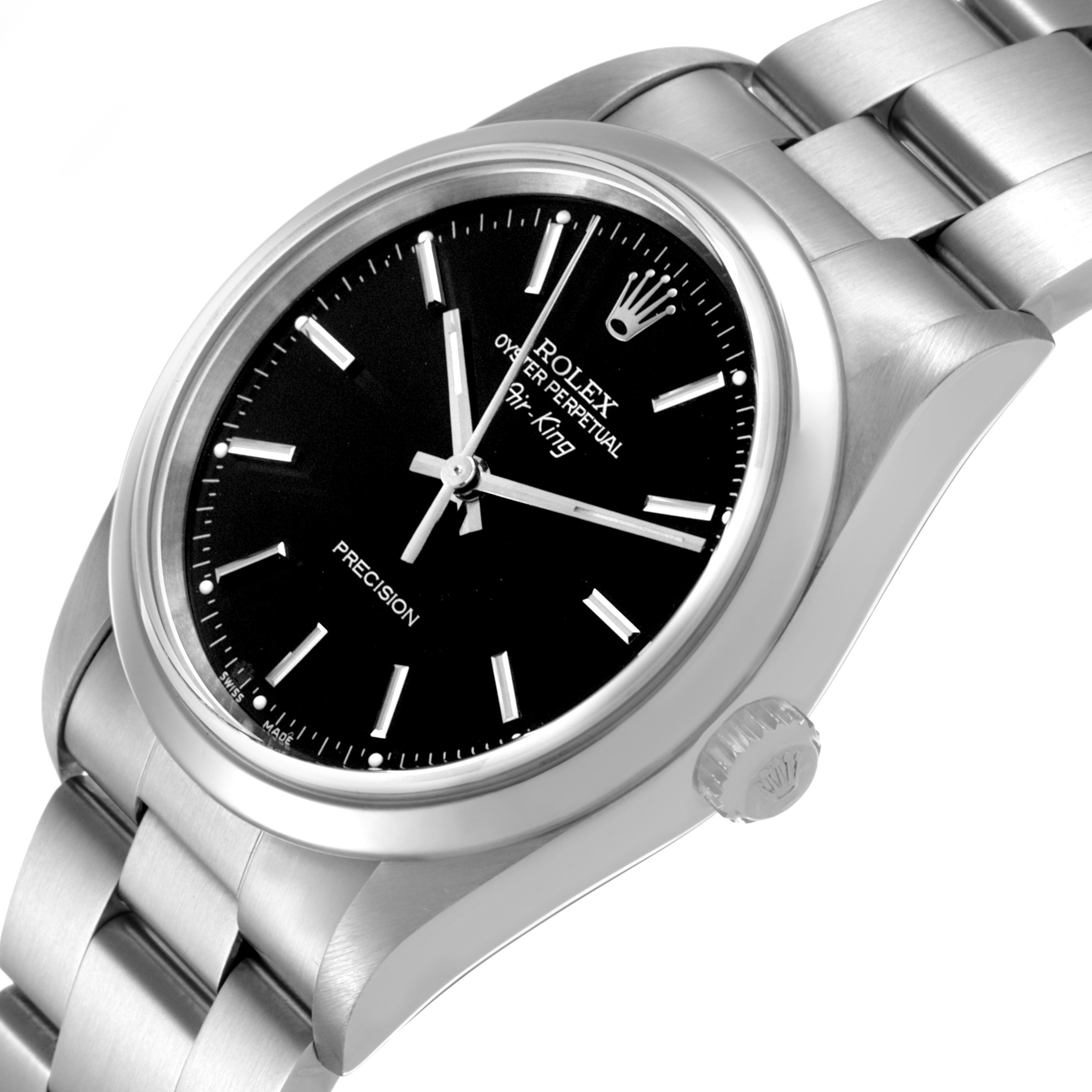 The Rolex Air-King 14000 Men's Stainless Steel Black Dial is shown at an angle highlighting the dial, crown, bezel, and bracelet.