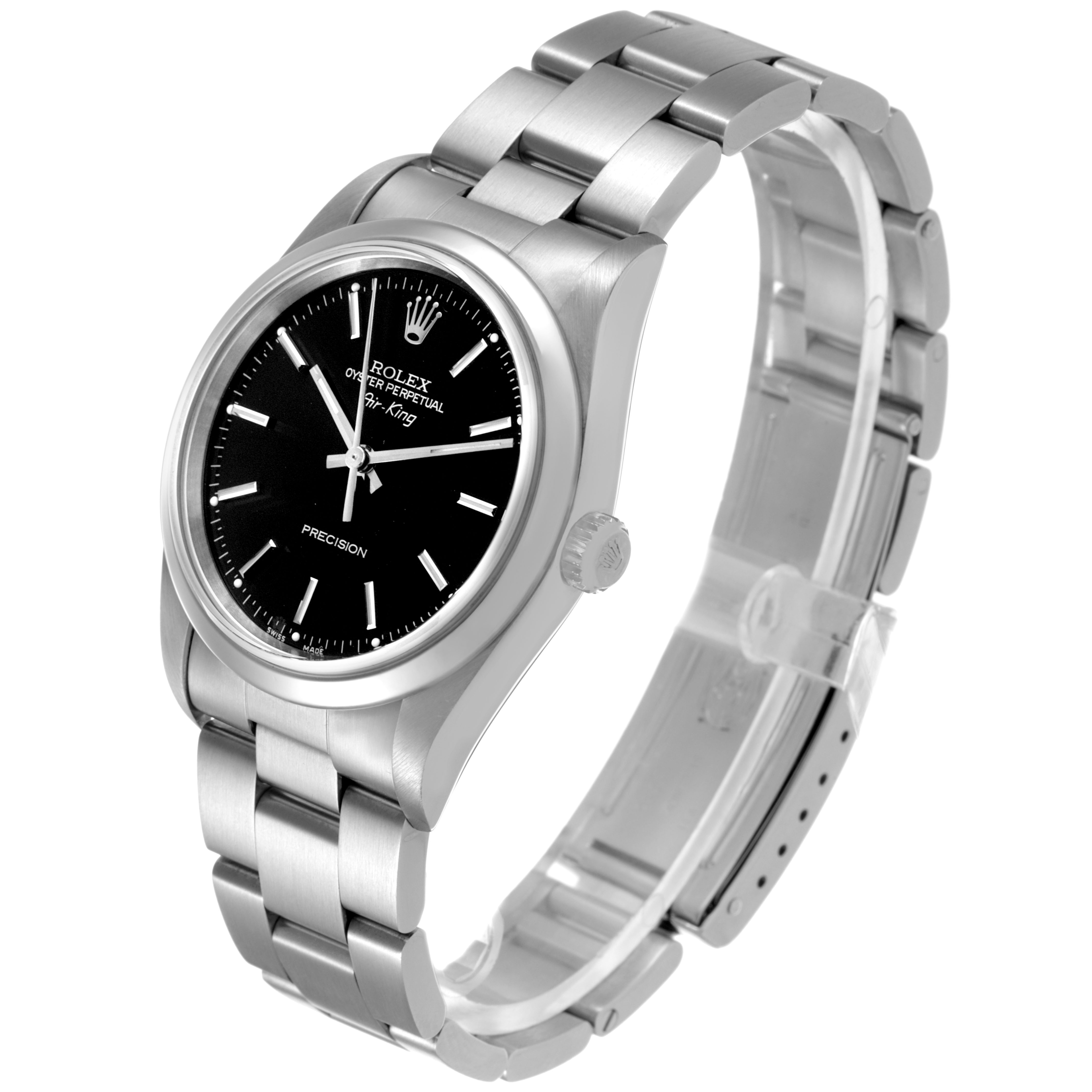 The Rolex Air-King 14000 Men's Stainless Steel Black Dial watch is shown at a three-quarter angle, highlighting the dial, bezel, crown, and bracelet.