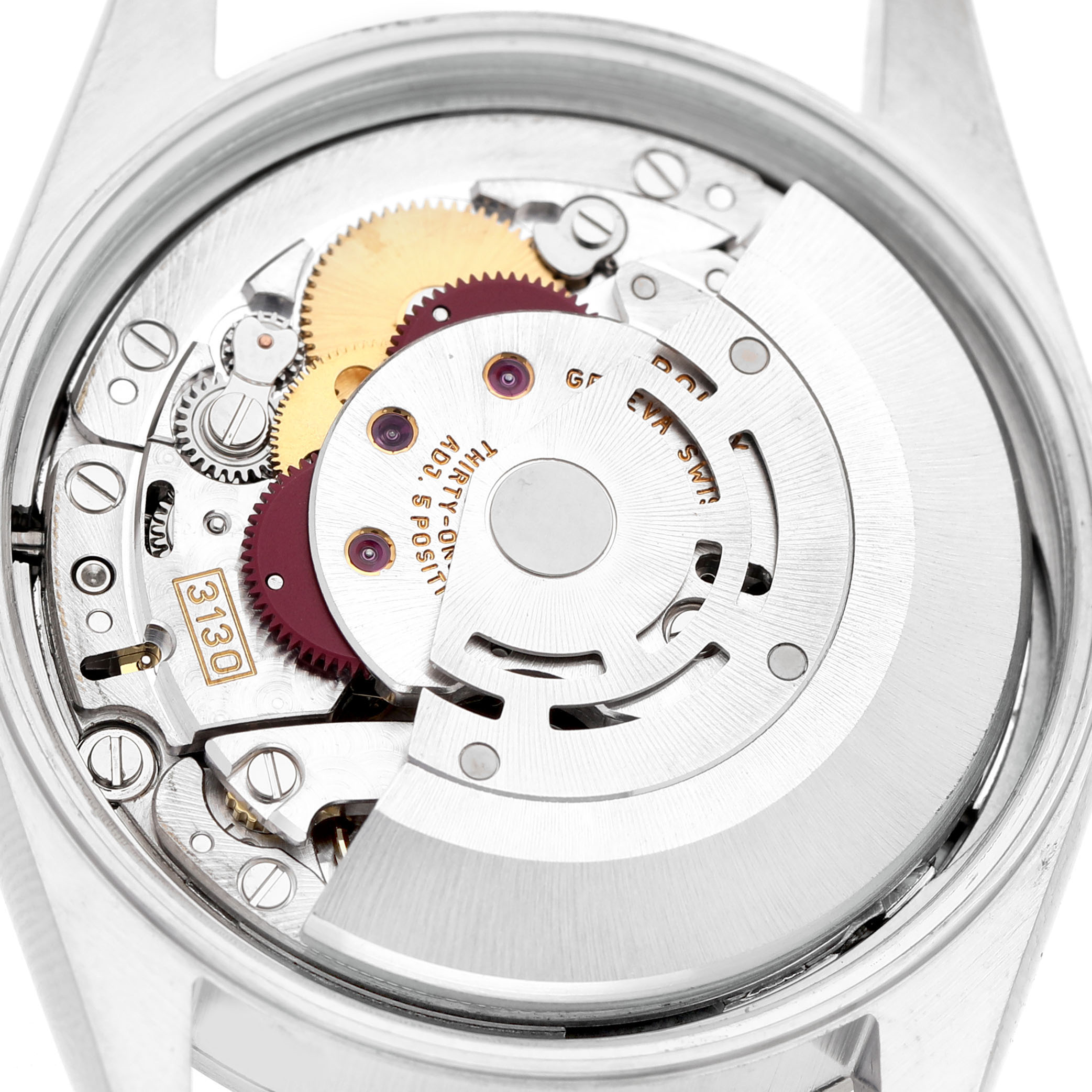 The image shows the inner movement mechanism of a Rolex Air-King 14000 Men's Stainless Steel Black Dial watch from a top-down angle, revealing gears and components.