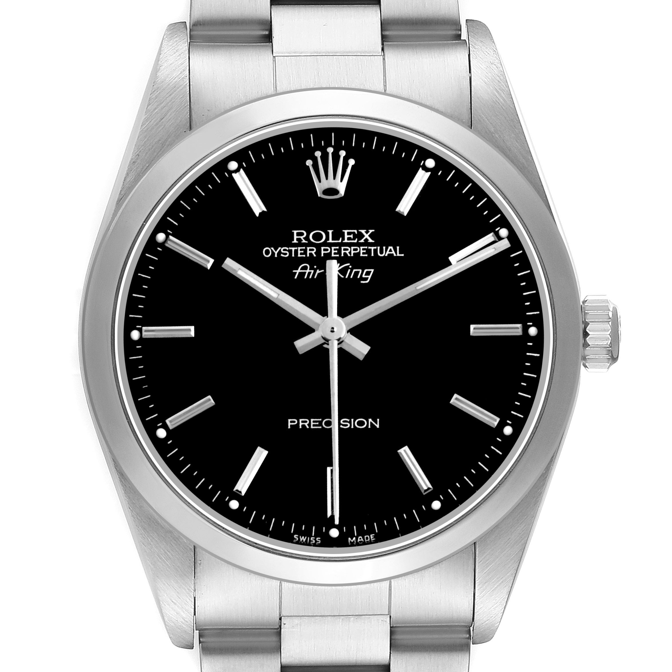 The Rolex Air-King 14000 Men's Stainless Steel Black Dial watch is shown from a front angle, highlighting the dial, hands, bezel, and crown.