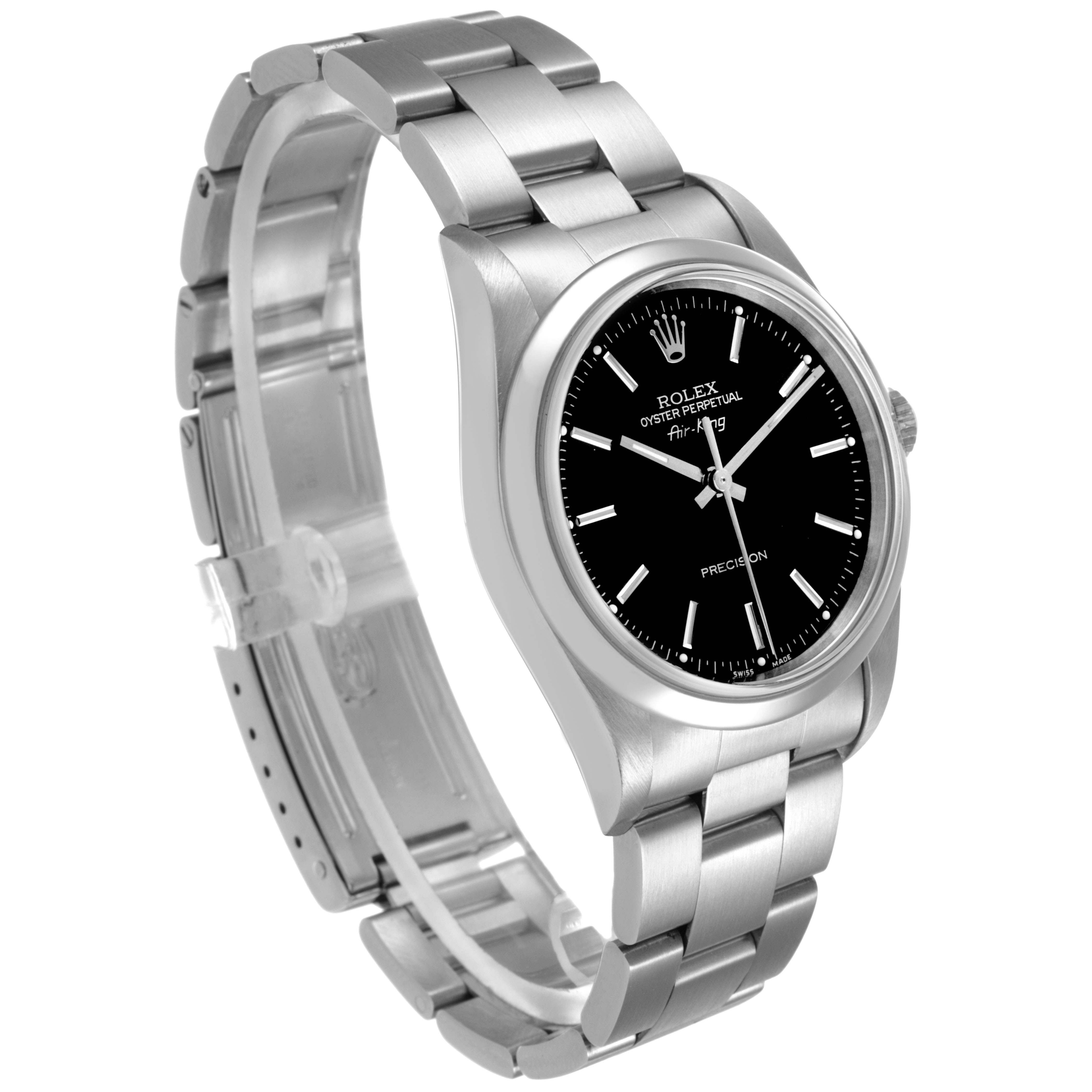 The Rolex Air-King 14000 Men's Stainless Steel Black Dial watch is shown at a three-quarter angle, displaying its face, bezel, case, and partially open bracelet.
