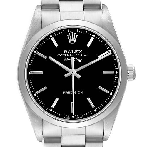 The Rolex Air-King 14000 Men's Stainless Steel Black Dial watch is shown from a front angle, displaying the dial, bezel, crown, and part of the bracelet.
