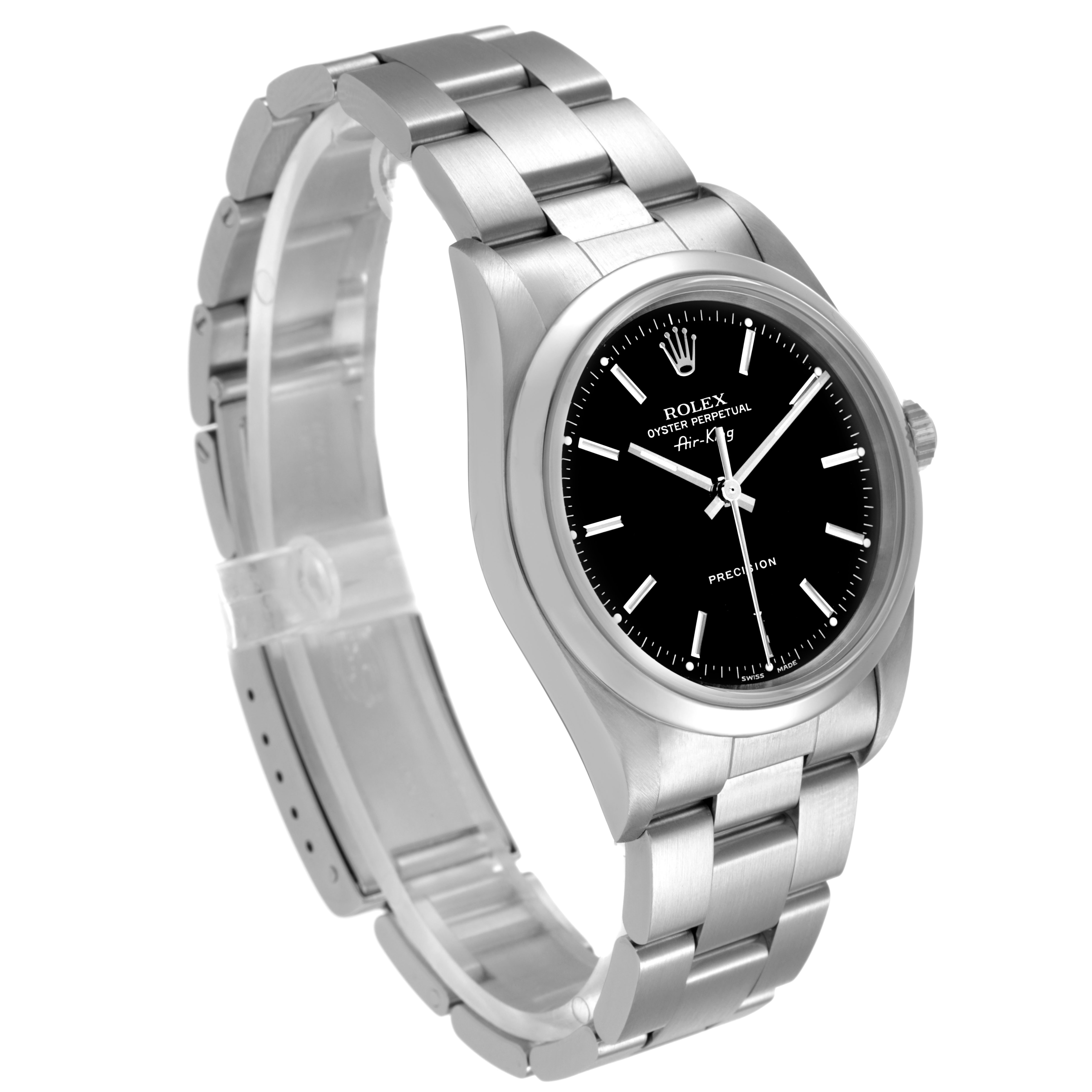 The Rolex Air-King 14000 Men's Stainless Steel Black Dial watch is shown at a three-quarter angle, displaying the dial, bezel, and part of the bracelet.