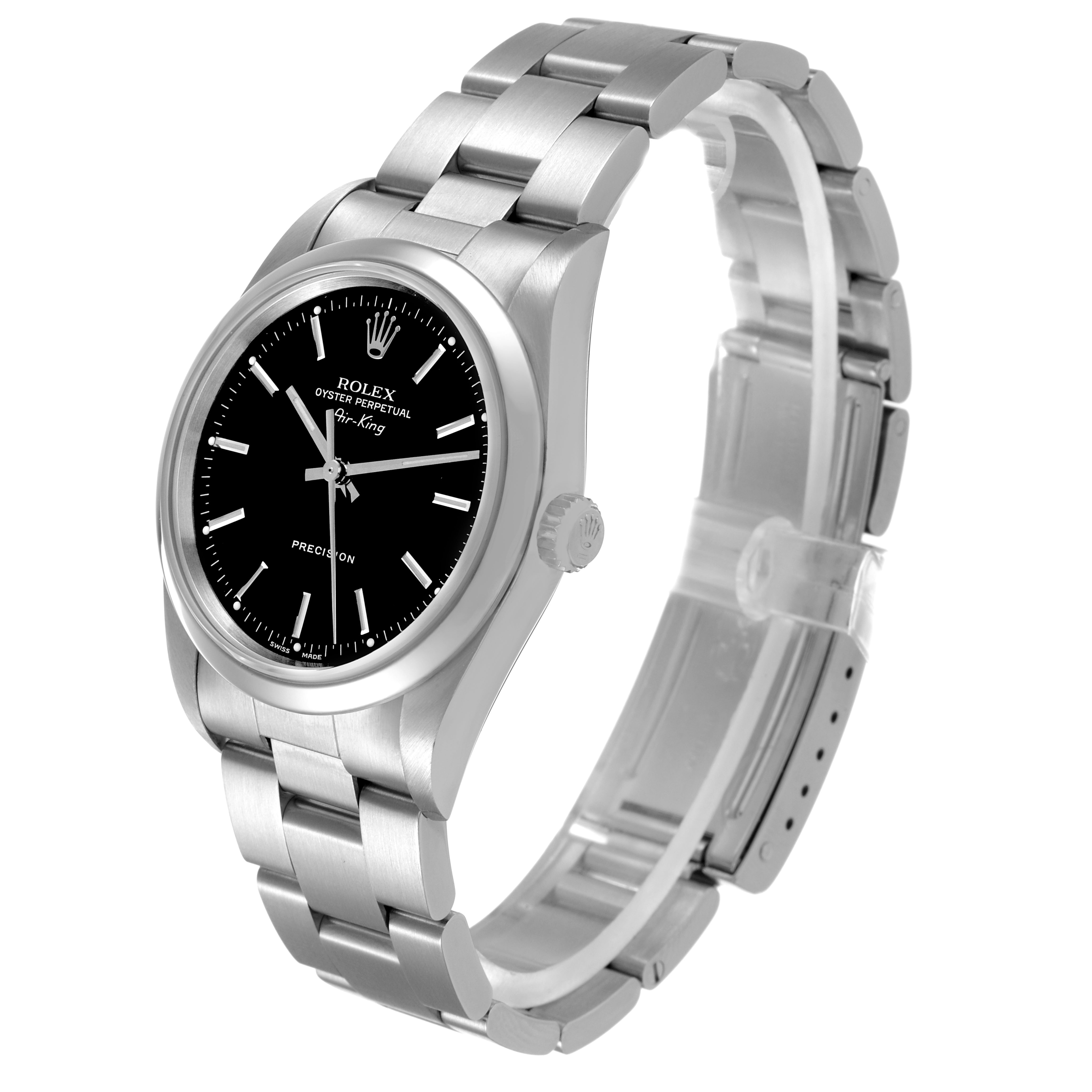 The Rolex Air-King 14000 Men's Stainless Steel Black Dial watch is shown at an angled side view, highlighting the face, crown, and bracelet.