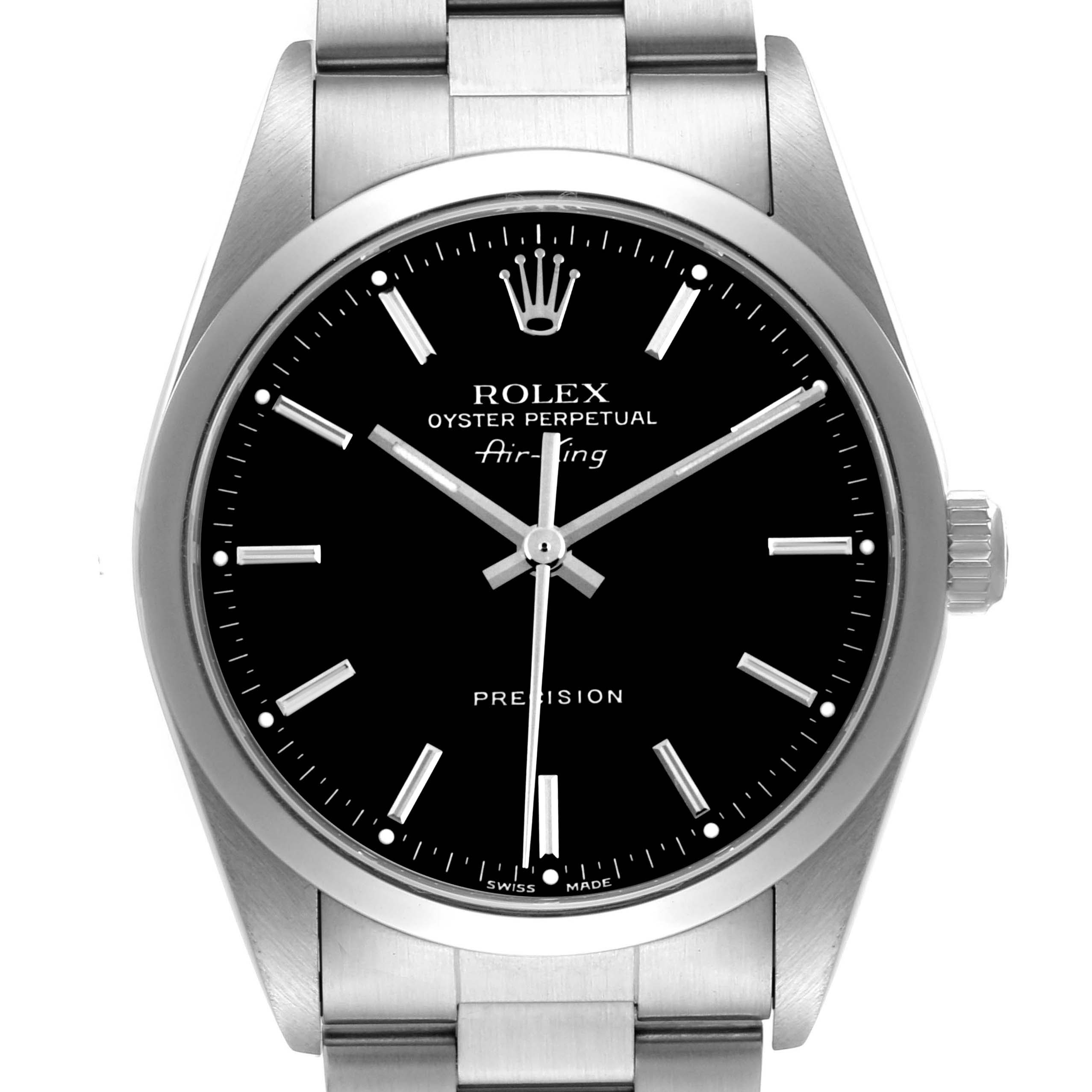 The Rolex Air-King 14000 Men's Stainless Steel Black Dial watch is shown from a front angle, featuring its black dial, hour markers, hands, crown, and part of the bracelet.