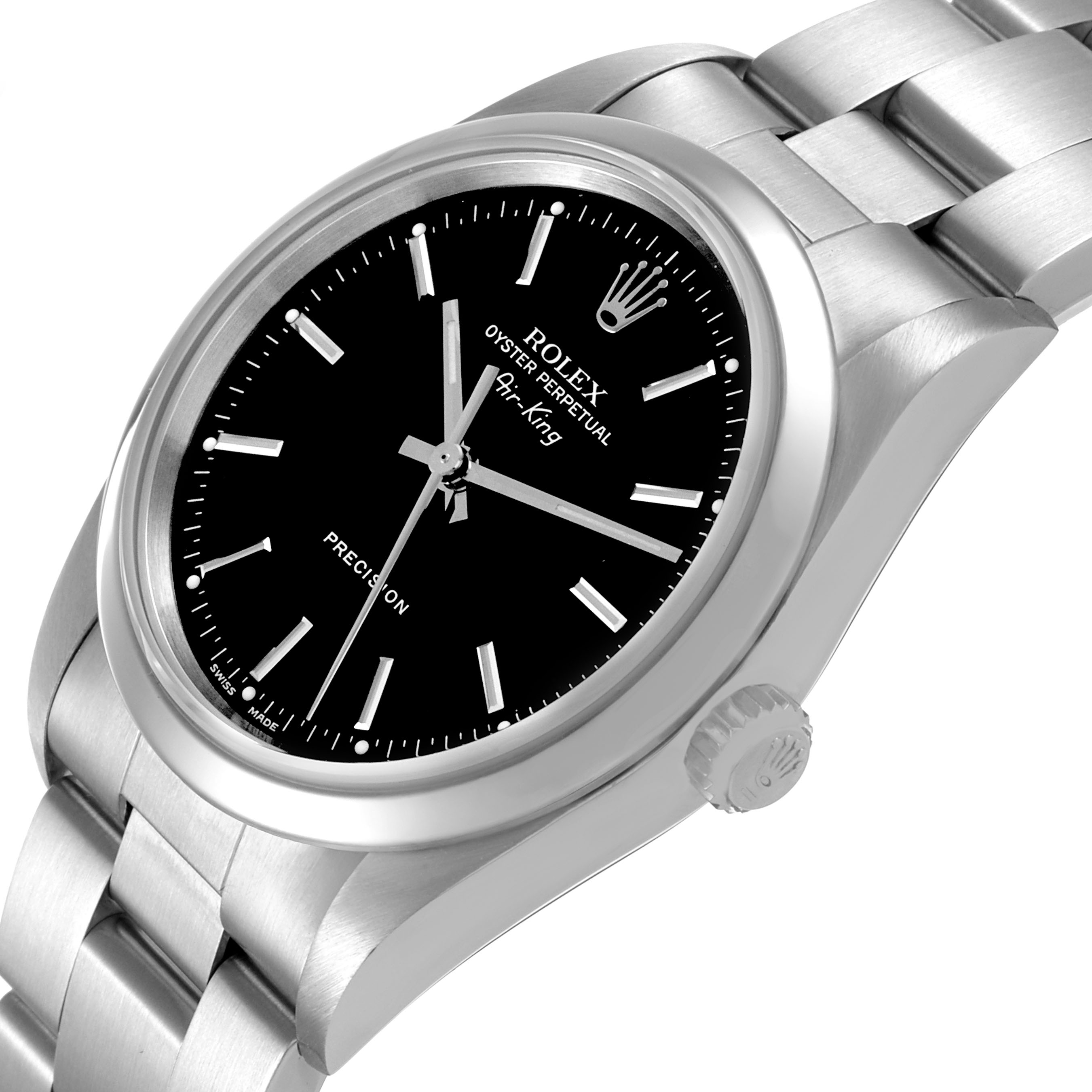 The Rolex Air-King 14000 Men's Stainless Steel Black Dial watch is shown from an angled side view, highlighting the dial, crown, and bracelet.