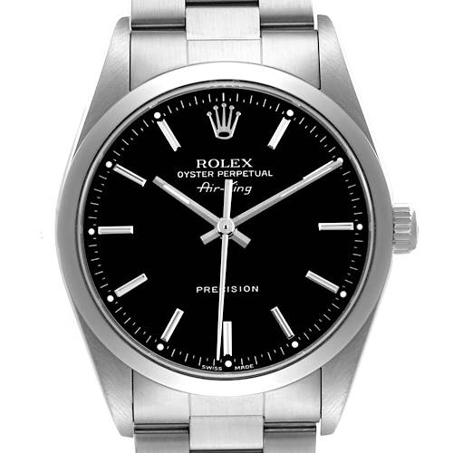 The Rolex Air-King 14000 Men's Stainless Steel Black Dial watch is shown from the front, detailing the face, bezel, crown, and part of the bracelet.